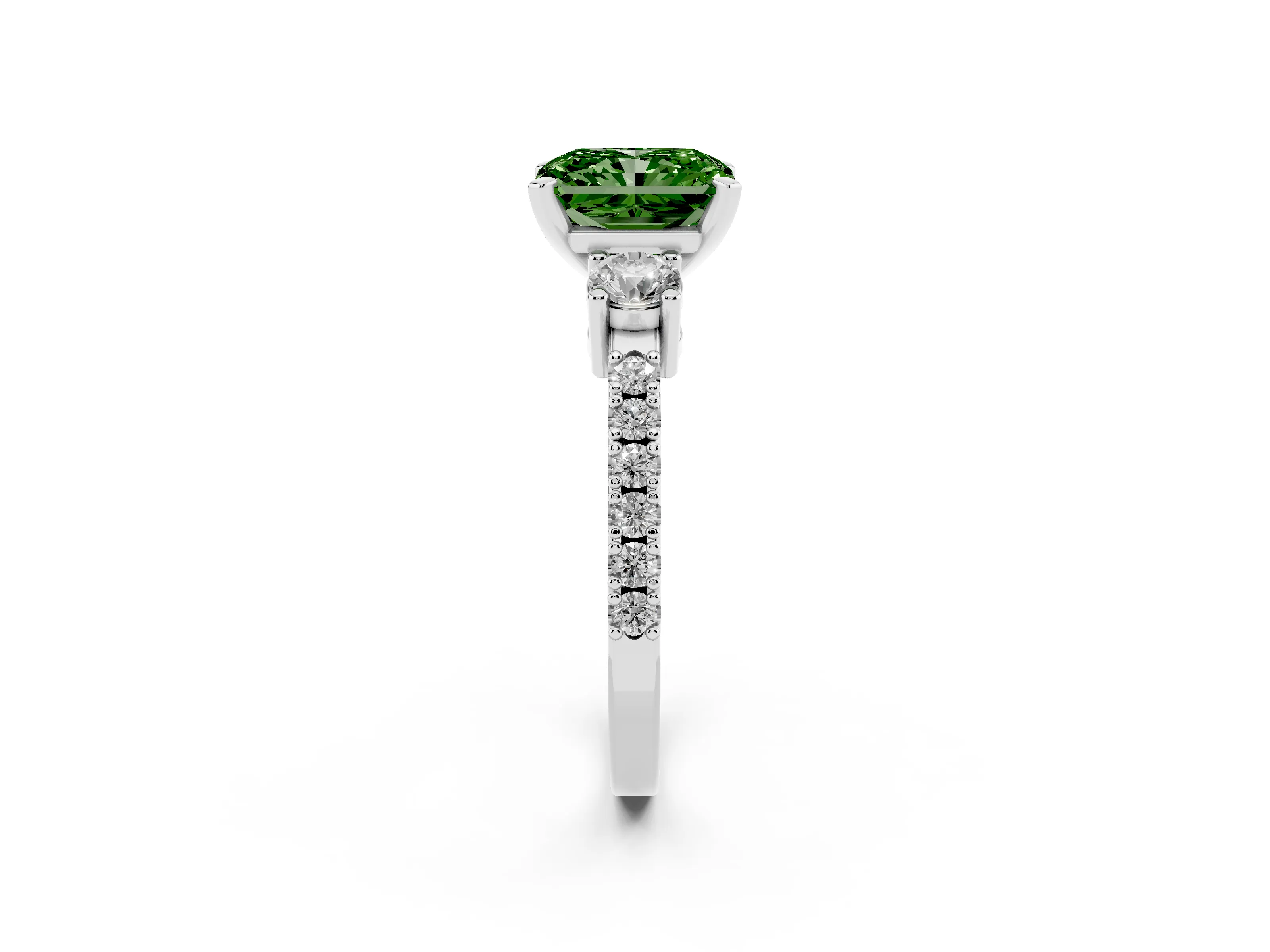 Fancy Green Three-Stone Radiant Cut Diamond Pavé Band Ring Set in White gold with Prong Setting