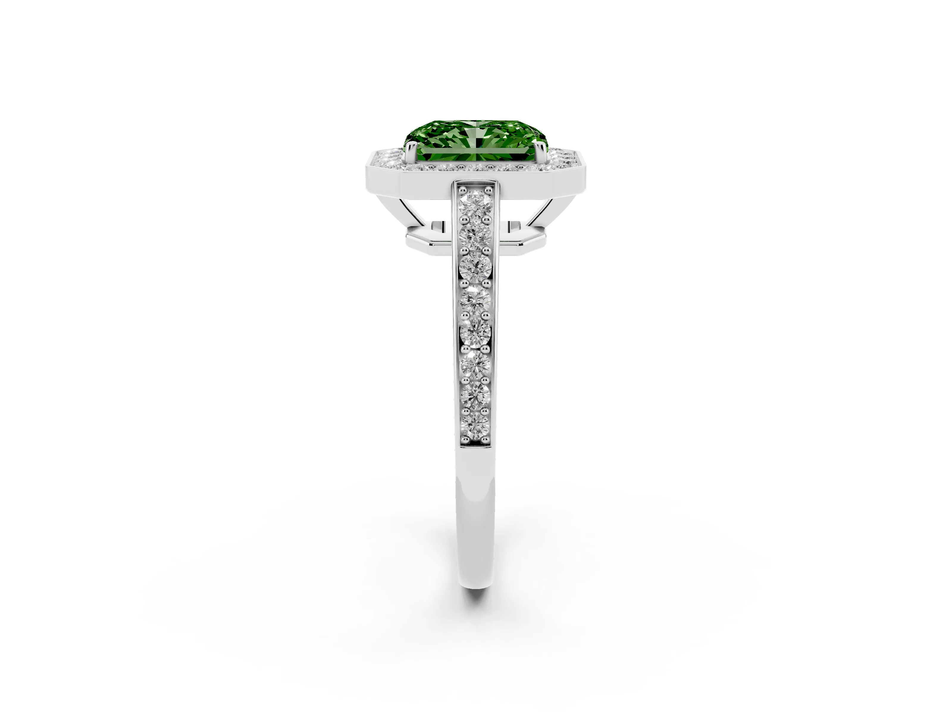 Fancy Green Radiant Cut Diamond Halo Pavé Engagement Ring Set in Platinum with Bezel Setting