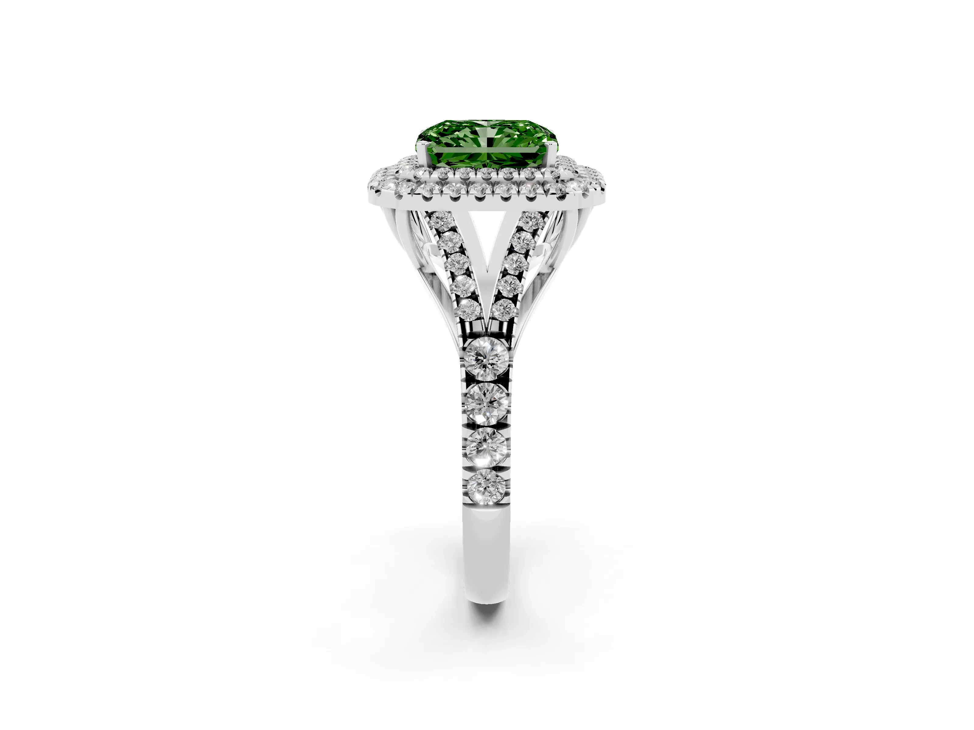 Fancy Green Radiant Cut Diamond Pavé Split Shank Double Halo Engagement Ring Set in Platinum