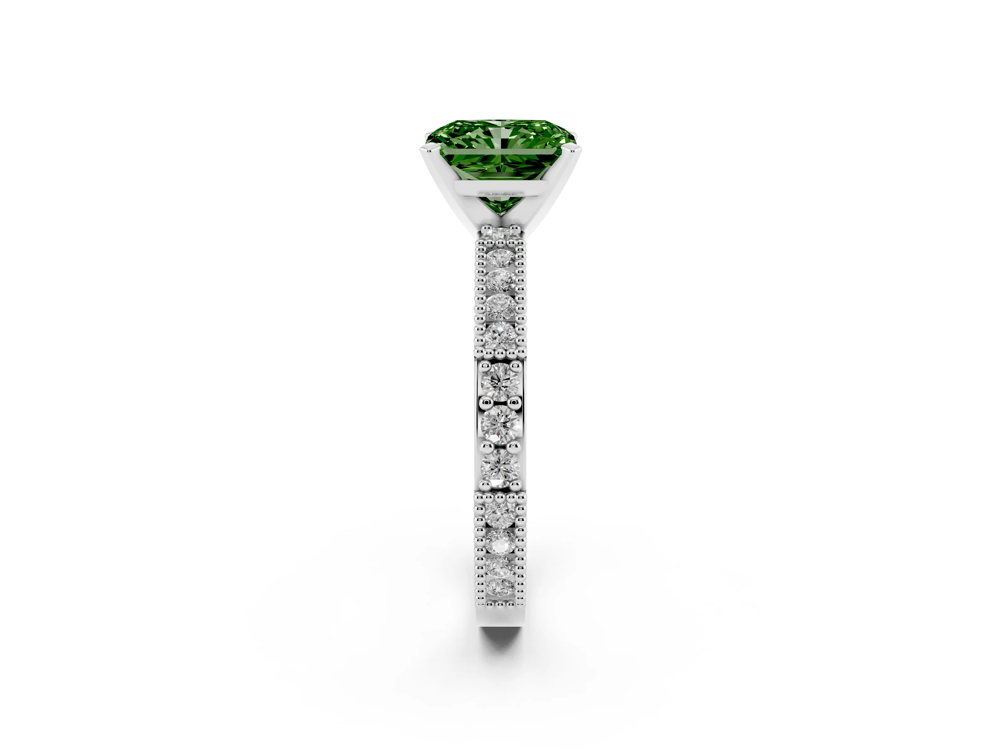 Fancy Green Radiant Cut Diamond Solitaire Ring Set in White gold with Slim Pavé Band and Prong Setting