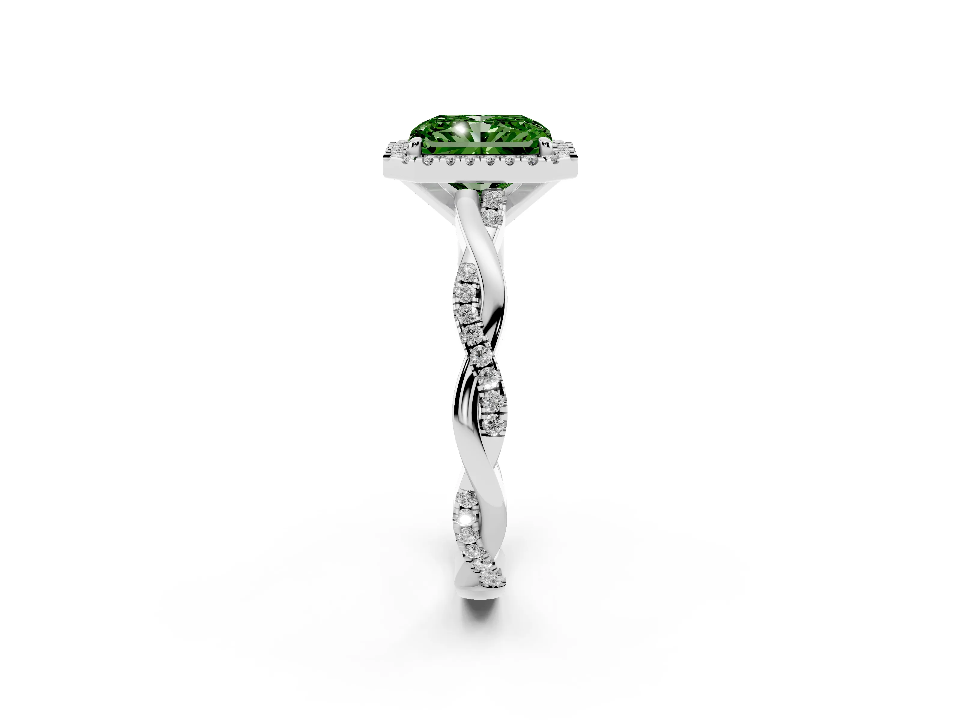 Fancy Green Radiant Cut Diamond Halo Twisted Band Ring Set in White gold with Prong Setting