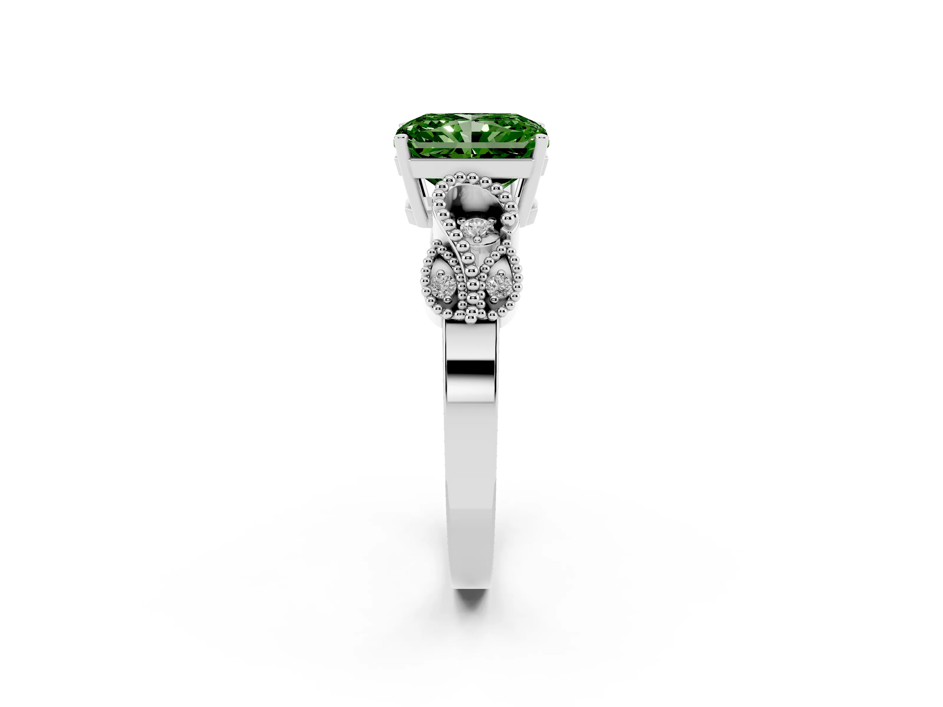 Fancy Green Radiant Cut Diamond Milgrain Leaf Band Solitaire Ring Set in Silver with Accent Stones and Prong Setting
