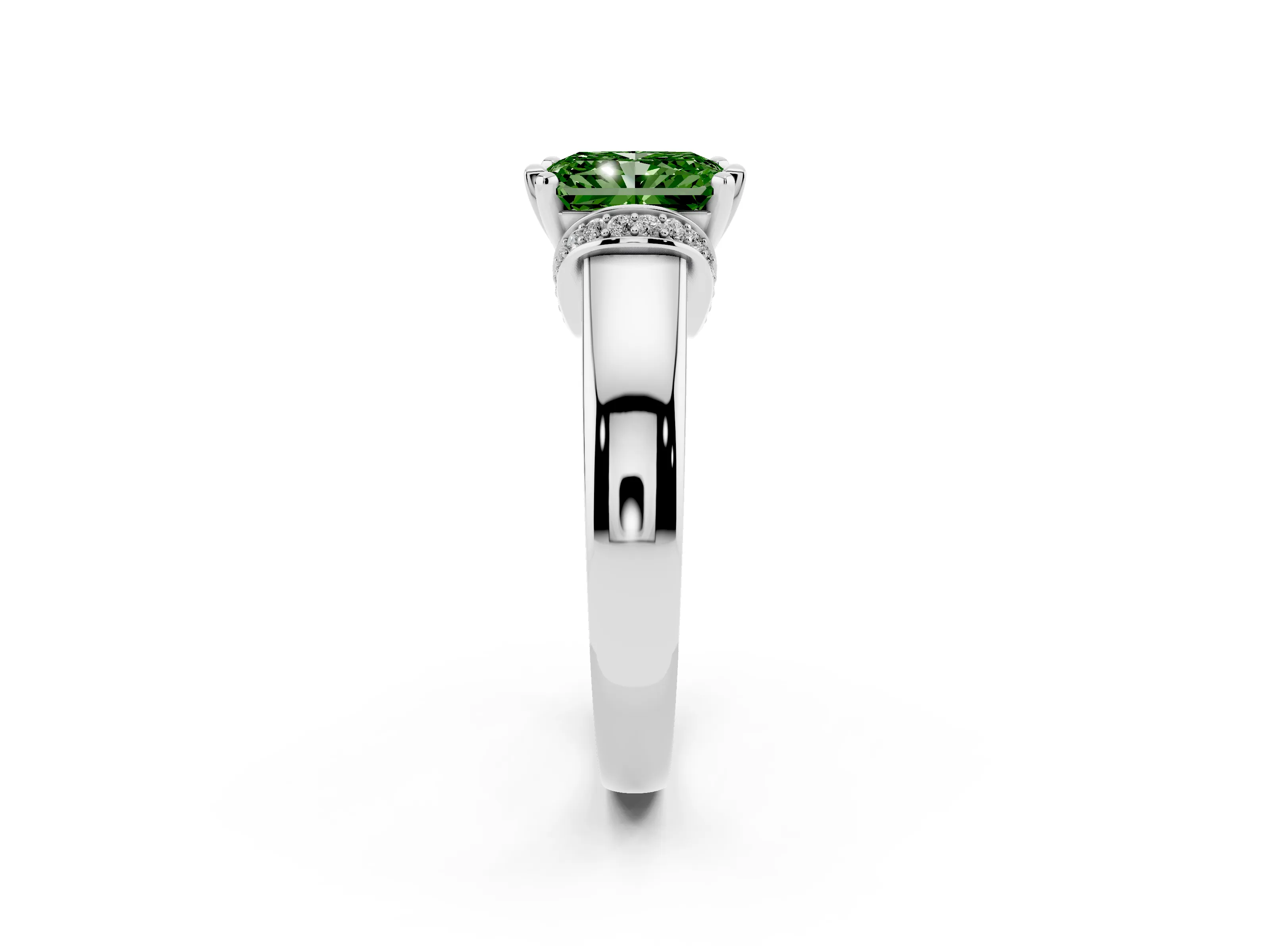Fancy Green Radiant Cut Diamond Pavé Band Solitaire Ring Set in Platinum with Prong Setting