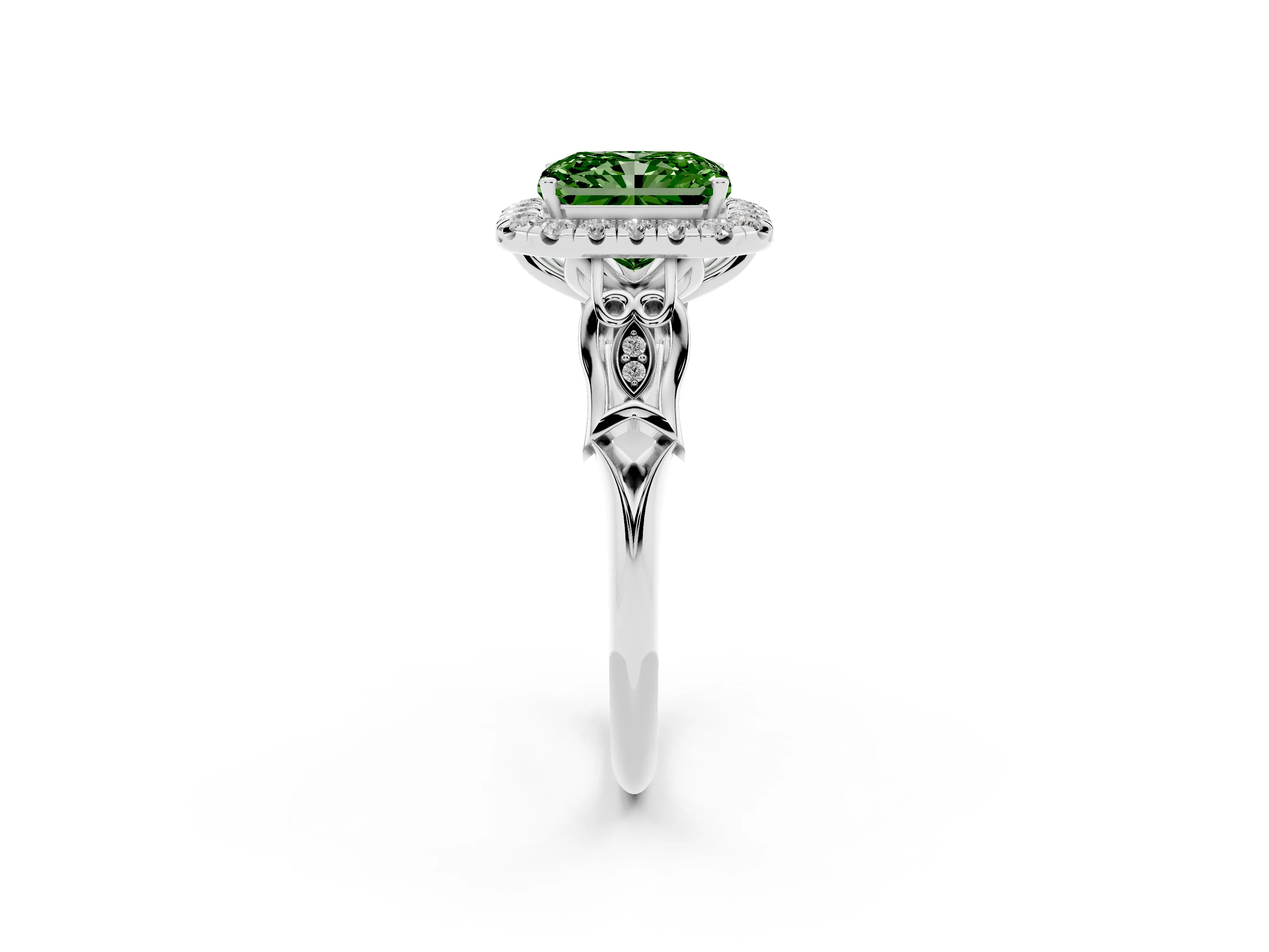 Fancy Green Radiant Cut Diamond Halo Engagement Ring Set in White gold with Filigree Band and Prong-Set Center