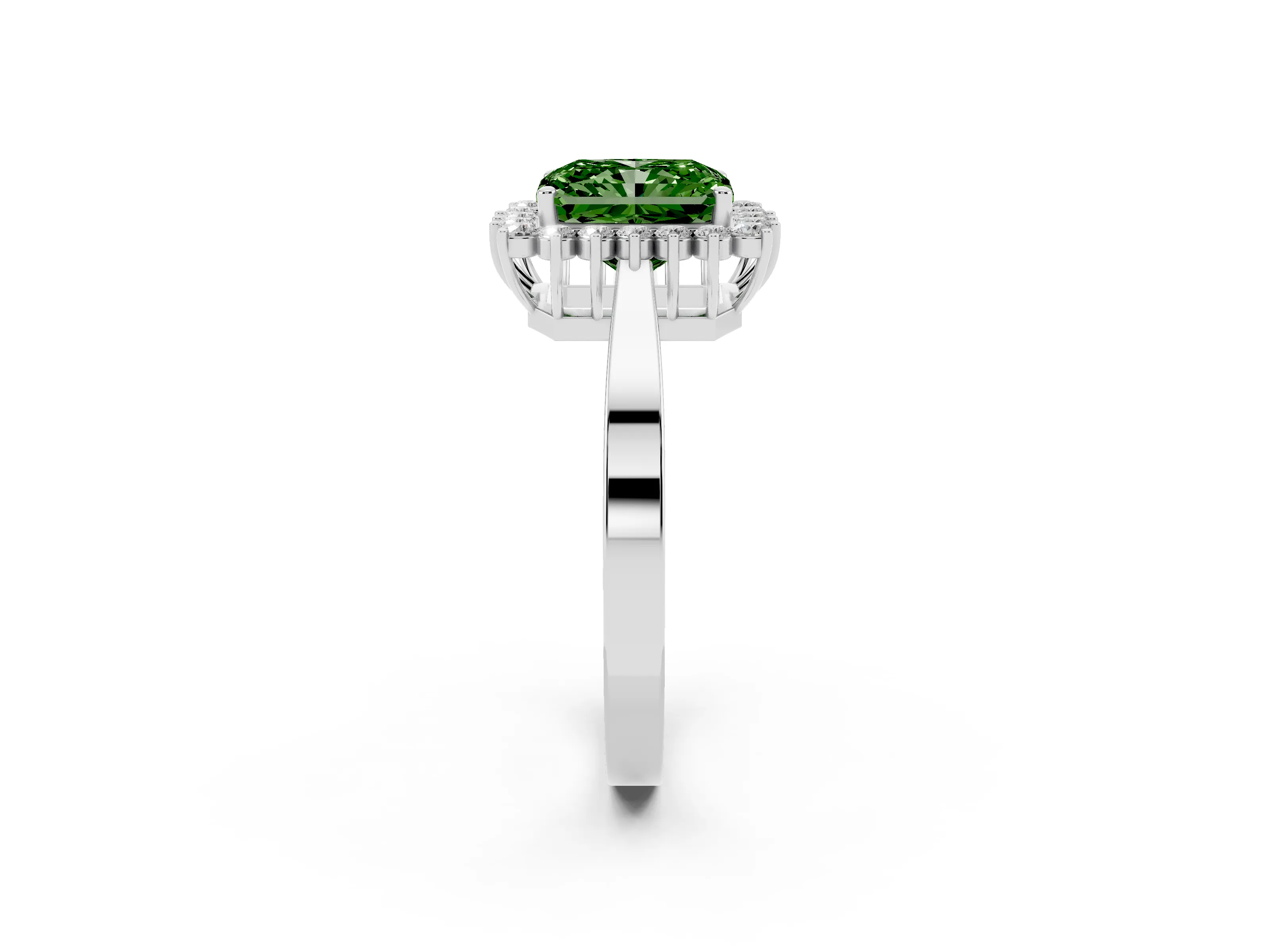 Fancy Green Radiant Cut Diamond Halo Ring Set in White gold with Round Halo and Smooth Solitaire Band