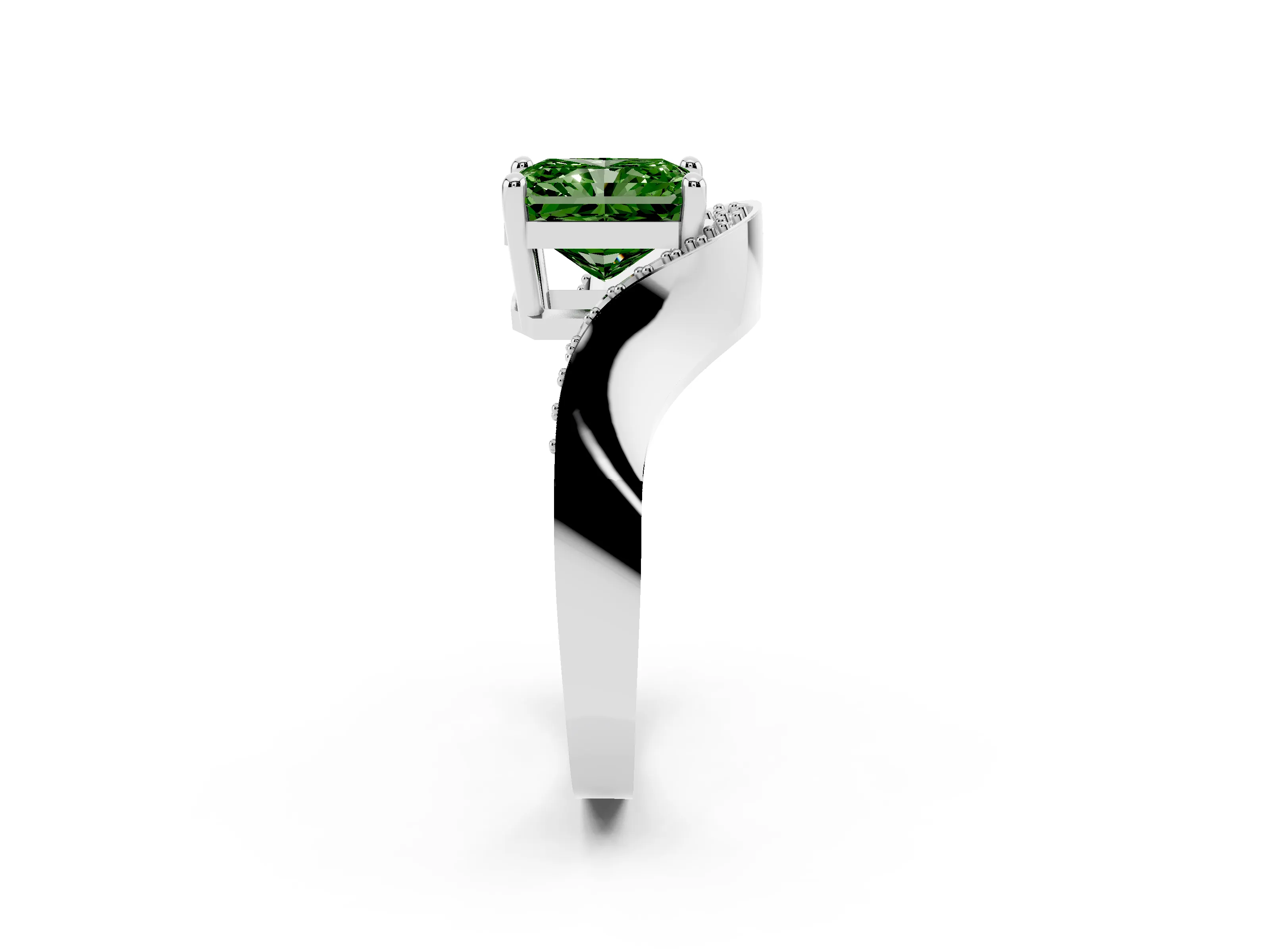 Fancy Green Radiant Cut Diamond Solitaire Engagement Ring Set in Platinum with Pavé Shoulders