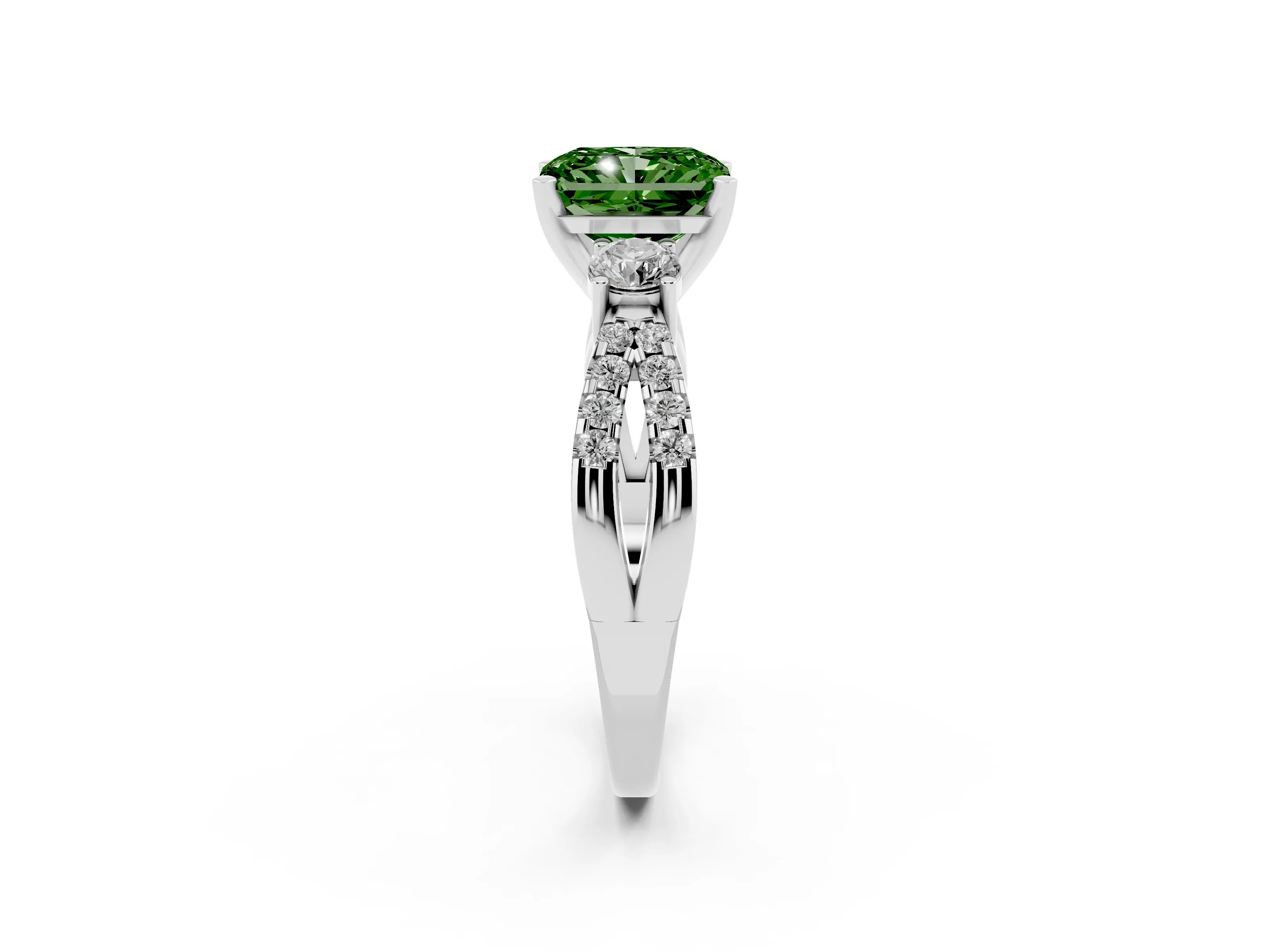 Fancy Green Radiant Cut Diamond Three-Stone Ring Set in Silver with Pavé Split Shank and Prong Setting
