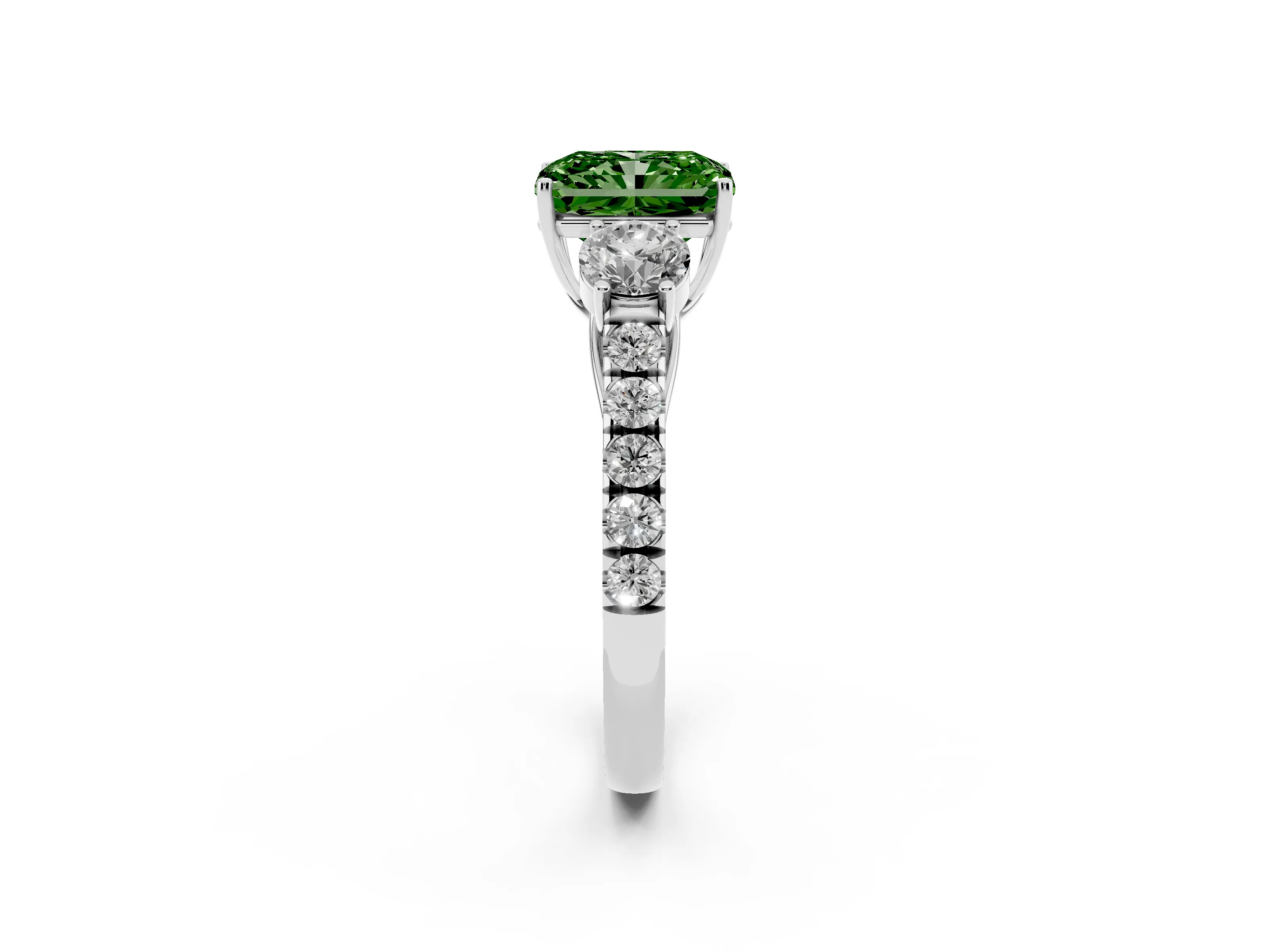 Fancy Green Radiant Cut Diamond Three-Stone Ring Set in Silver with Round Side Stones and Delicate Pavé Band