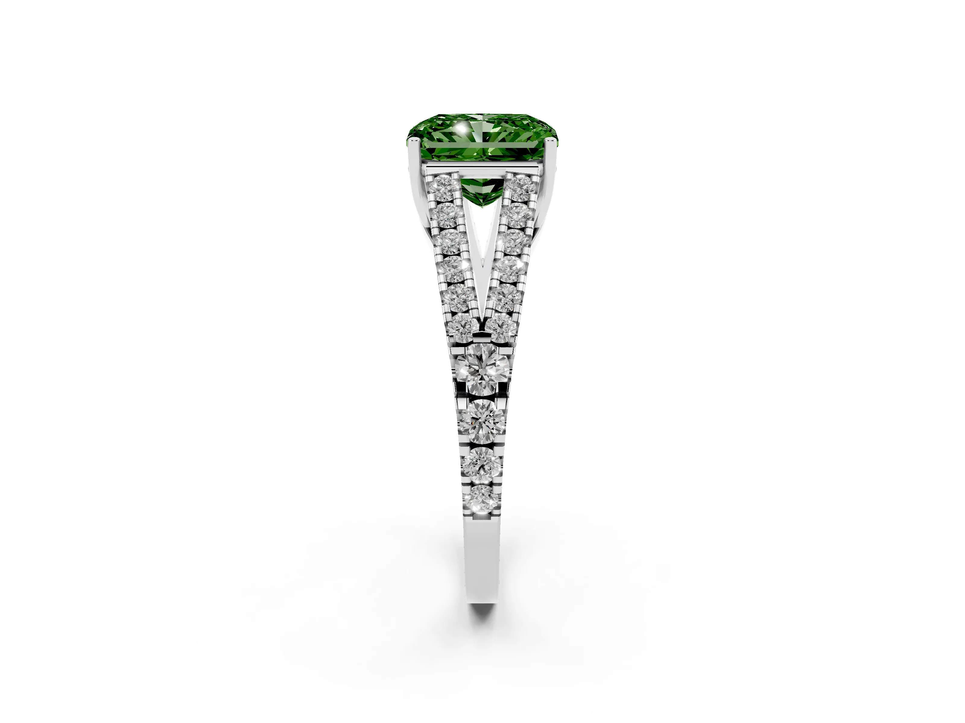 Fancy Green Radiant Cut Diamond Split Shank Pavé Engagement Ring Set in Platinum with Prong-Held Center Stone