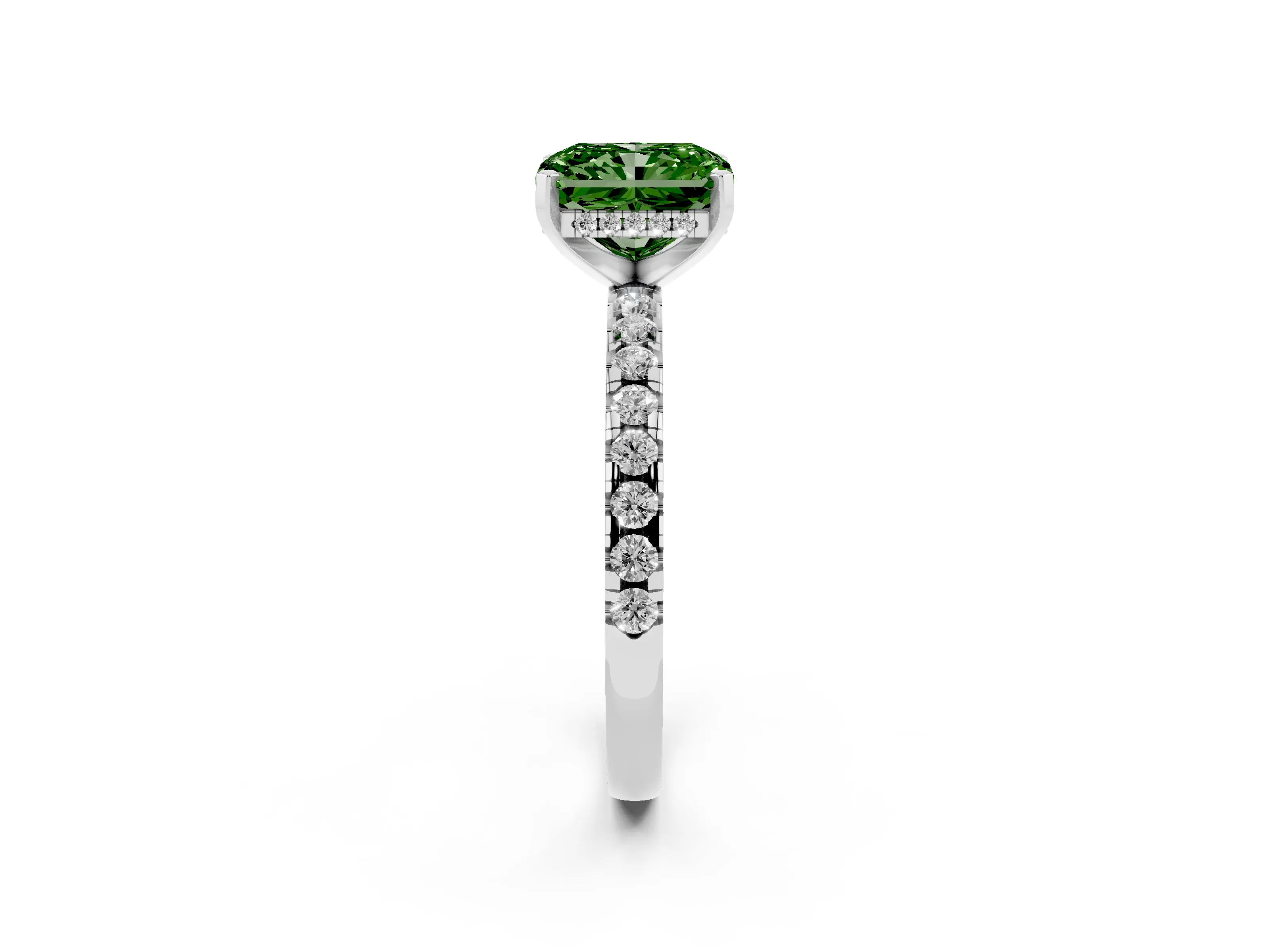Fancy Green Radiant Cut Diamond Pavé Solitaire Ring Set in White gold with Round Band Accents and Prong Setting