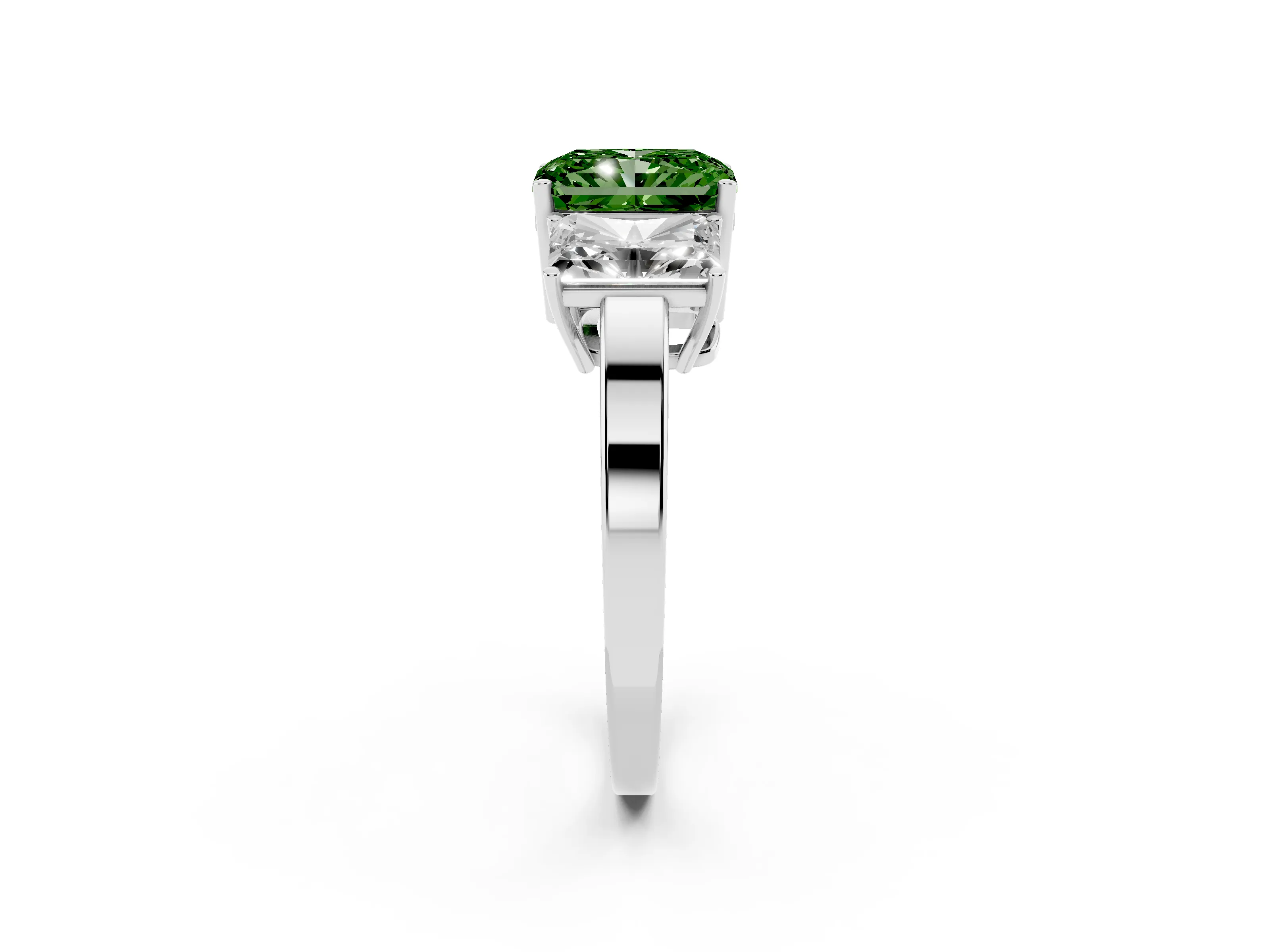 Fancy Green Radiant Cut Diamond Three-Stone Engagement Ring Set in White gold with Flat Band