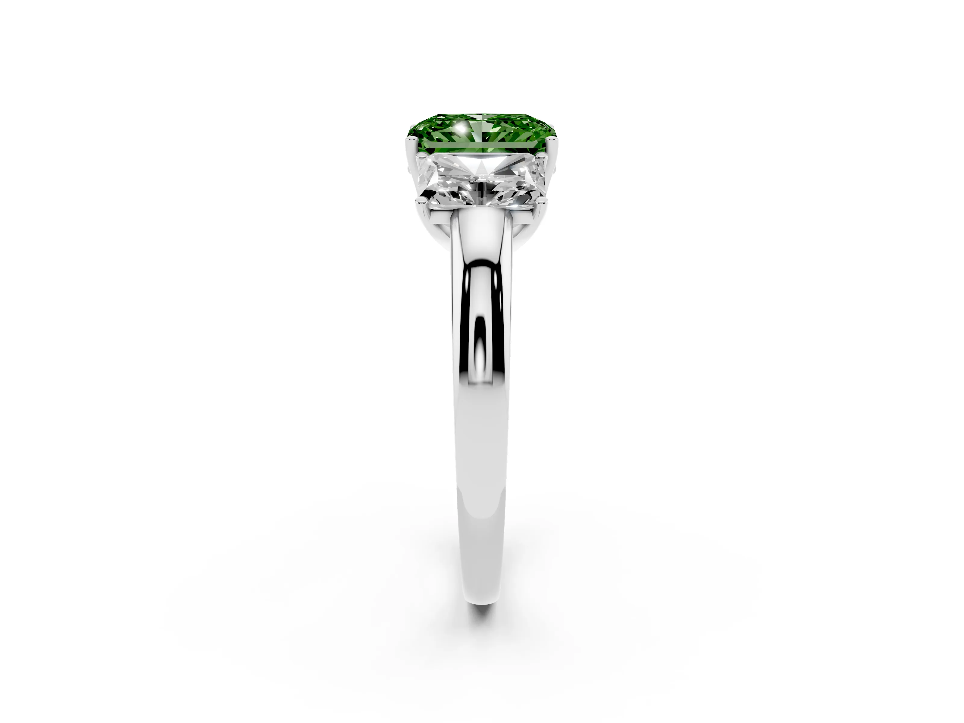 Fancy Green Radiant Cut Diamond Three-Stone Ring Set in Silver with Bold Center and Classic Band