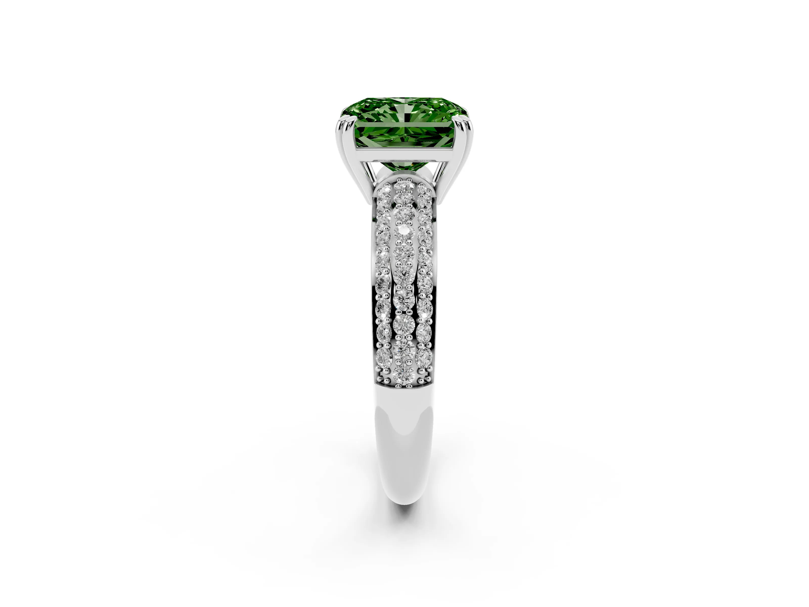Fancy Green Radiant Cut Diamond Solitaire Ring Set in Platinum with Multi-Row Round Pavé Band and Prong Setting