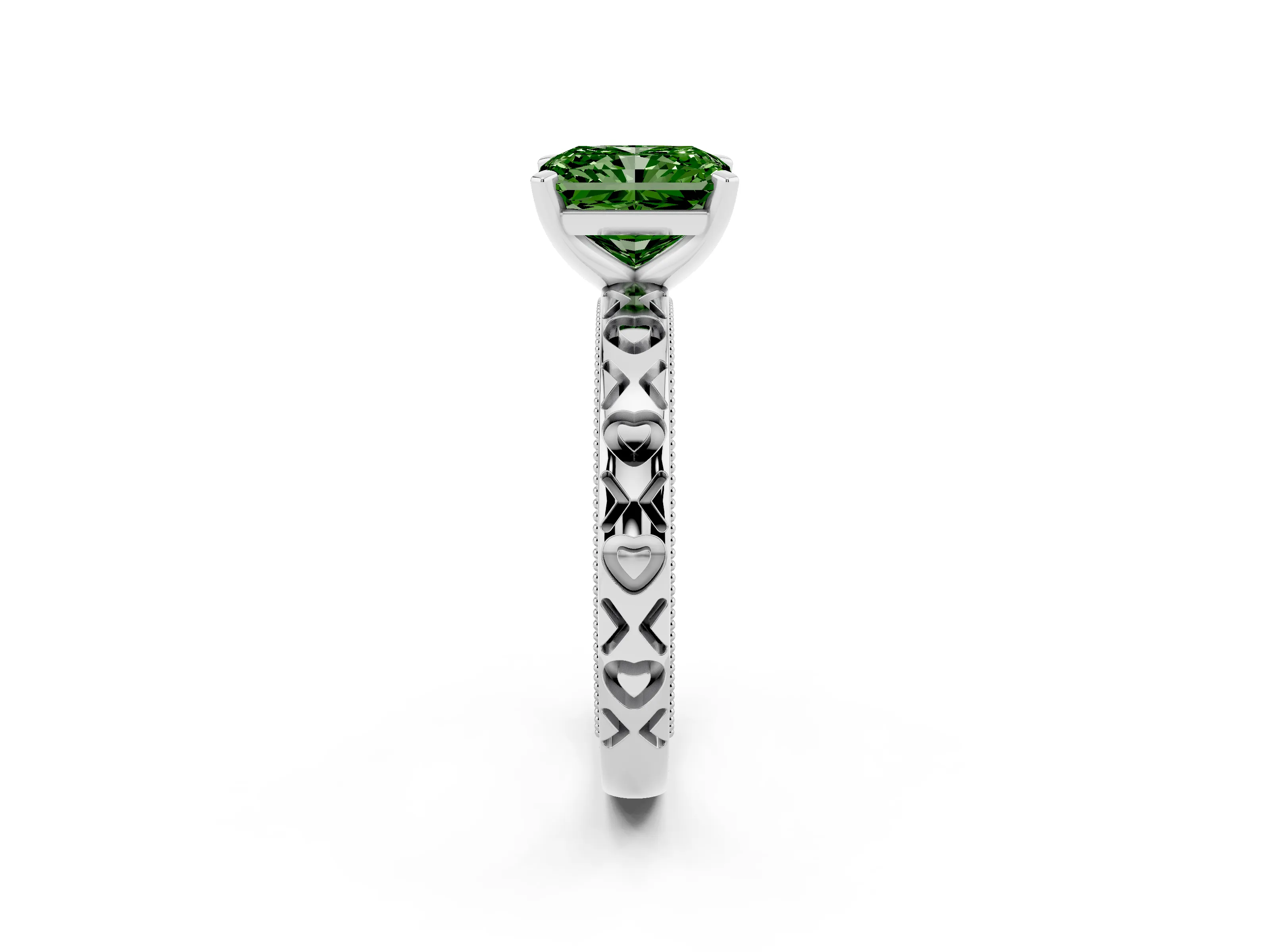 Fancy Green Radiant Cut Diamond Solitaire Engagement Ring Set in Platinum with XO Engraved Band and Prong Setting