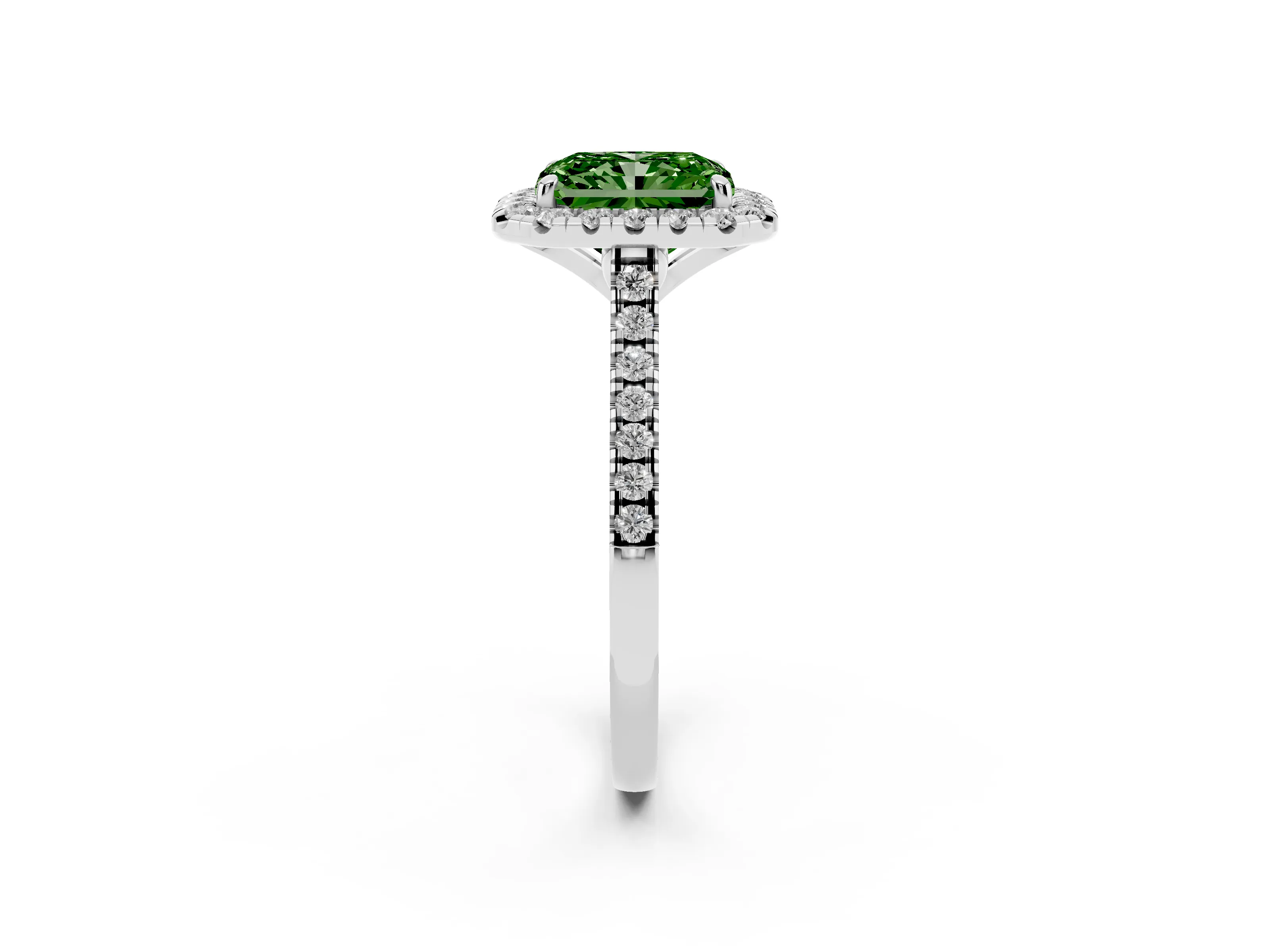 Fancy Green Radiant Cut Diamond Cushion Halo Ring Set in White gold with Pavé Band