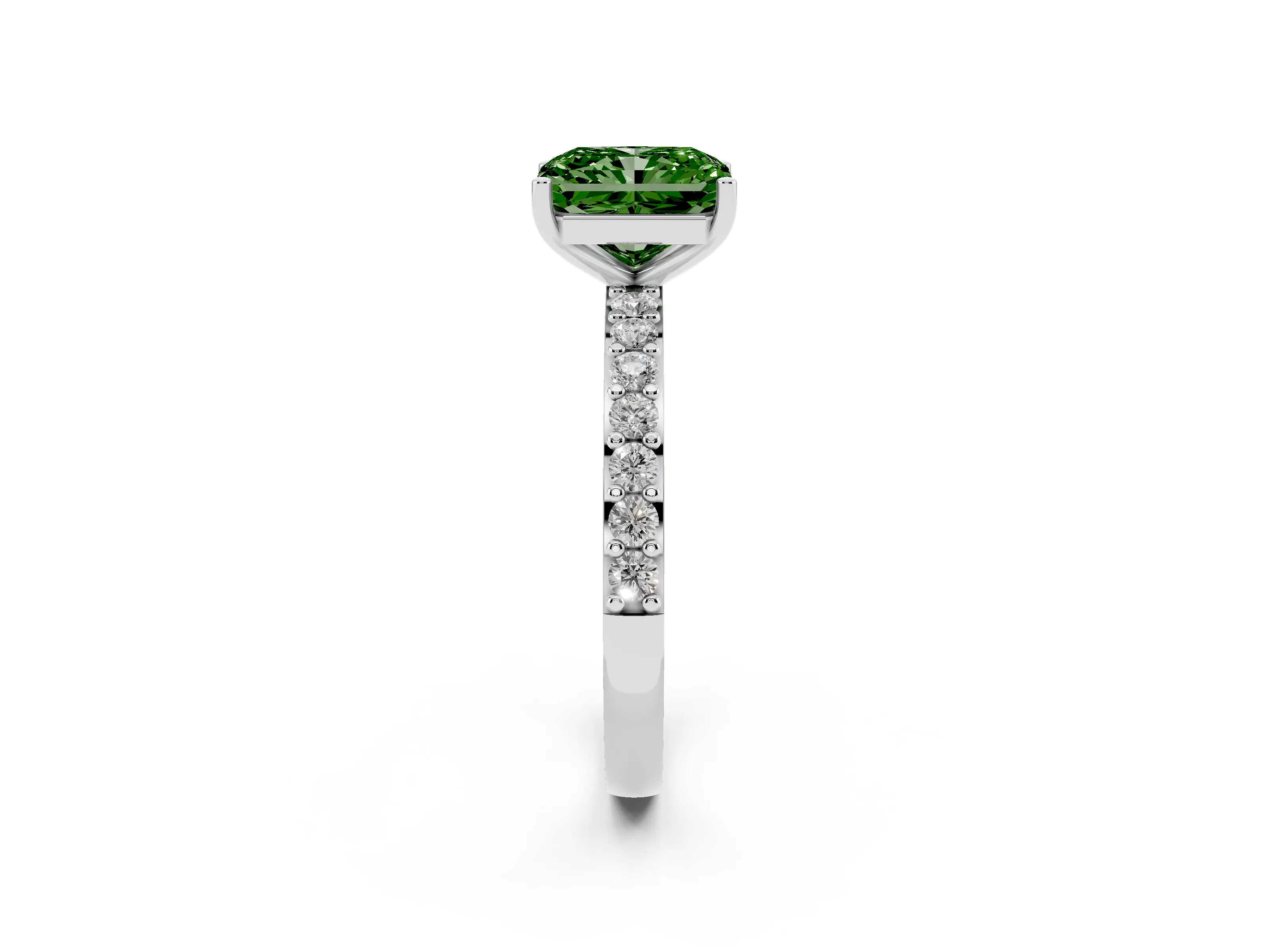 Fancy Green Radiant Cut Diamond Solitaire Set in Platinum with Round Pavé Band and Prong Setting