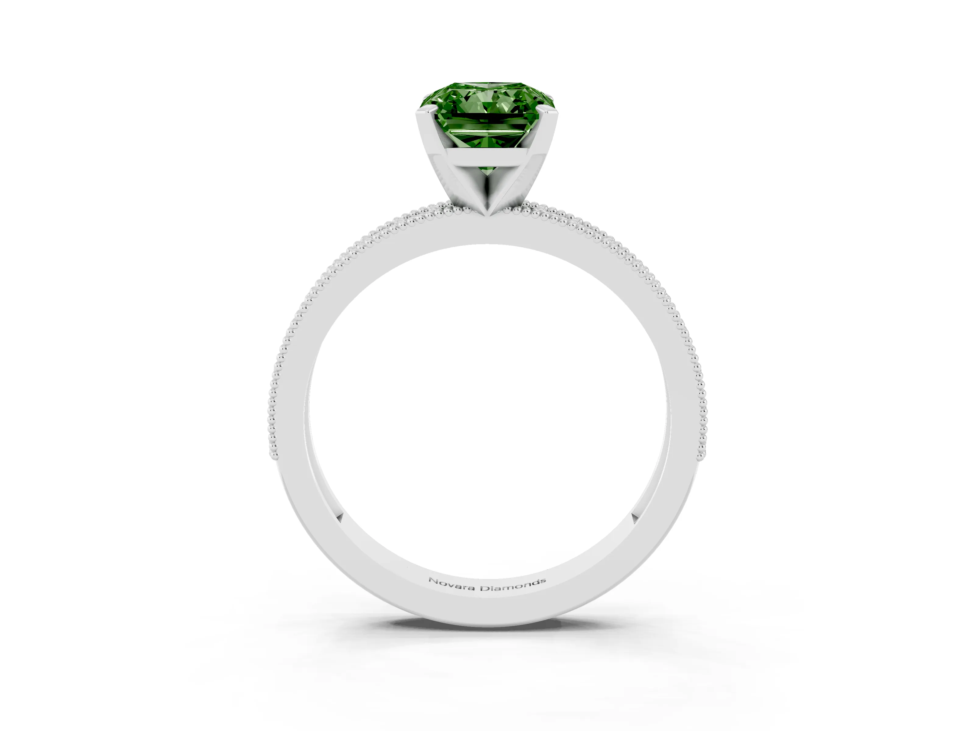 Fancy Green Radiant Cut Diamond Milgrain Pavé Engagement Ring Set in White gold with Prong Setting