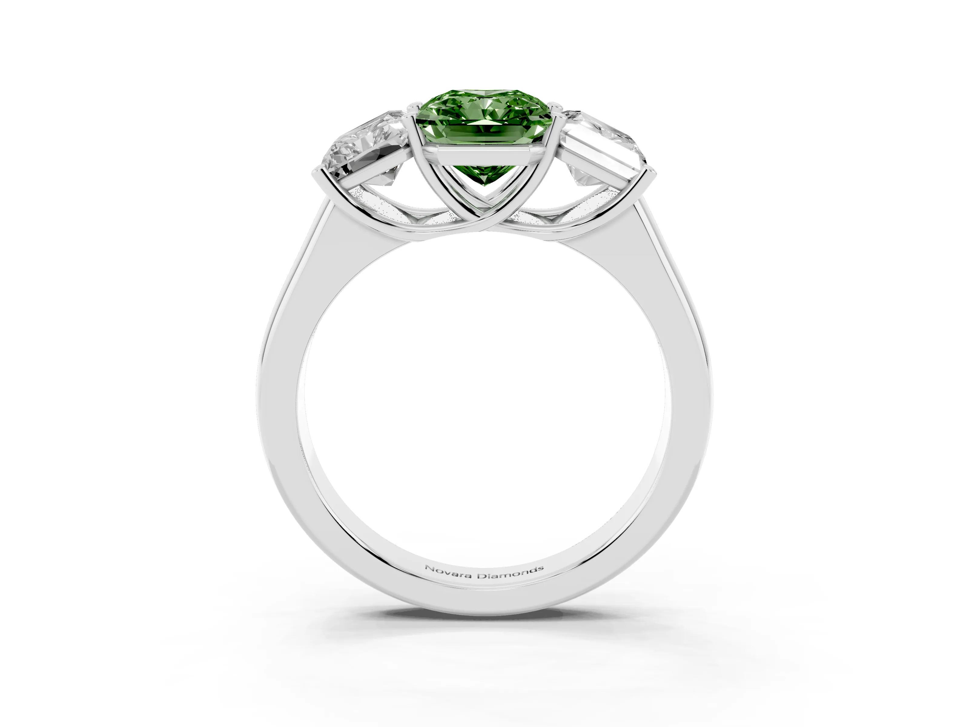 Fancy Green Radiant Cut Diamond Three-Stone Ring Set in White gold with Plain Polished Band