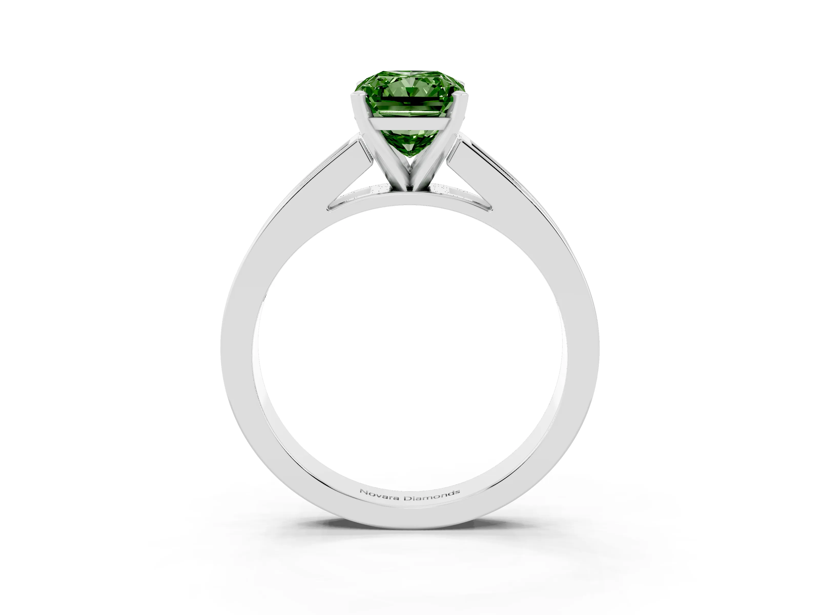Fancy Green Radiant Cut Diamond Solitaire Ring Set in White gold with Channel-Set Band and Prong Setting