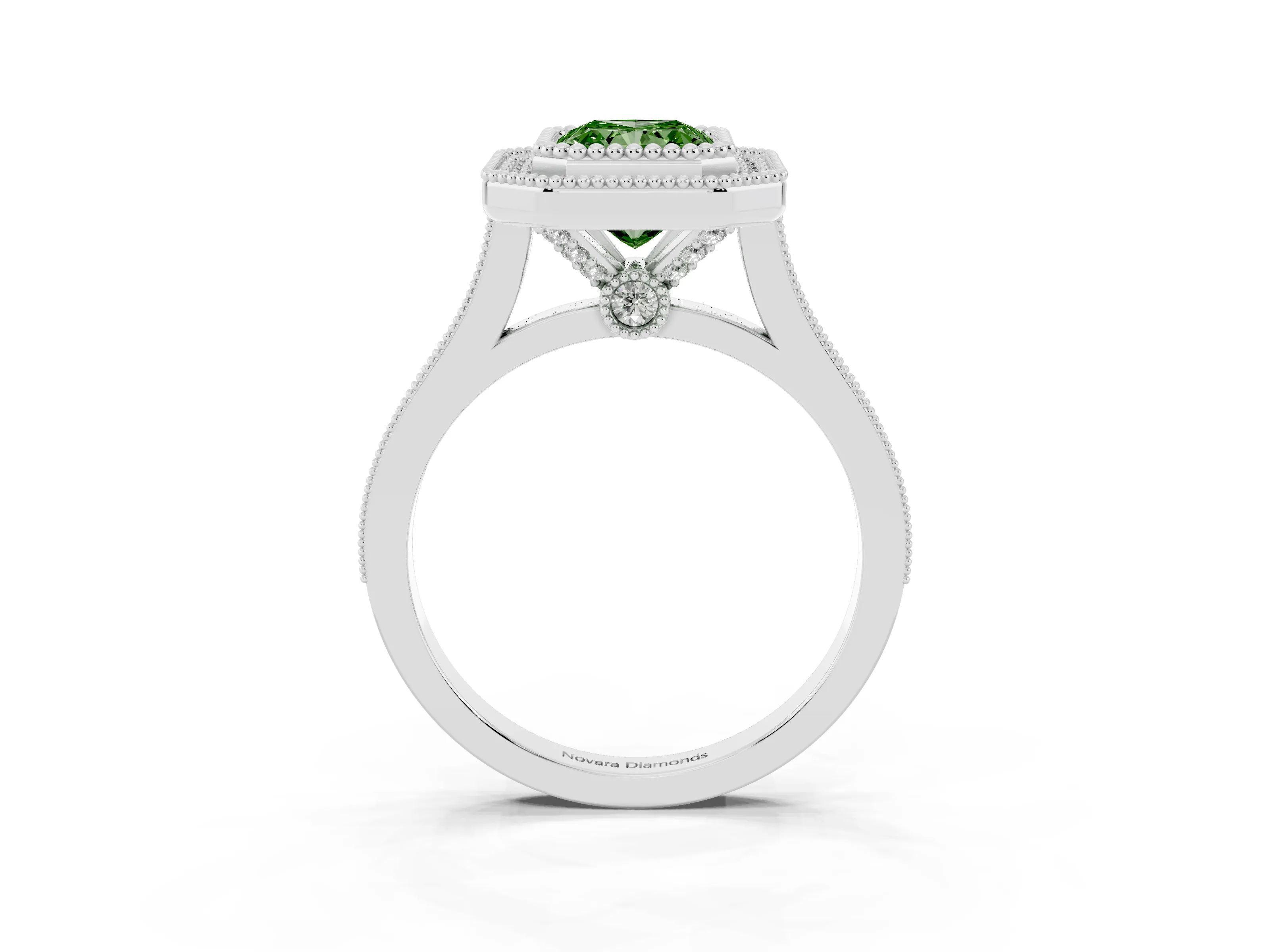 Fancy Green Radiant Cut Diamond Halo Ring Set in White gold with Milgrain Frame and Pavé Band