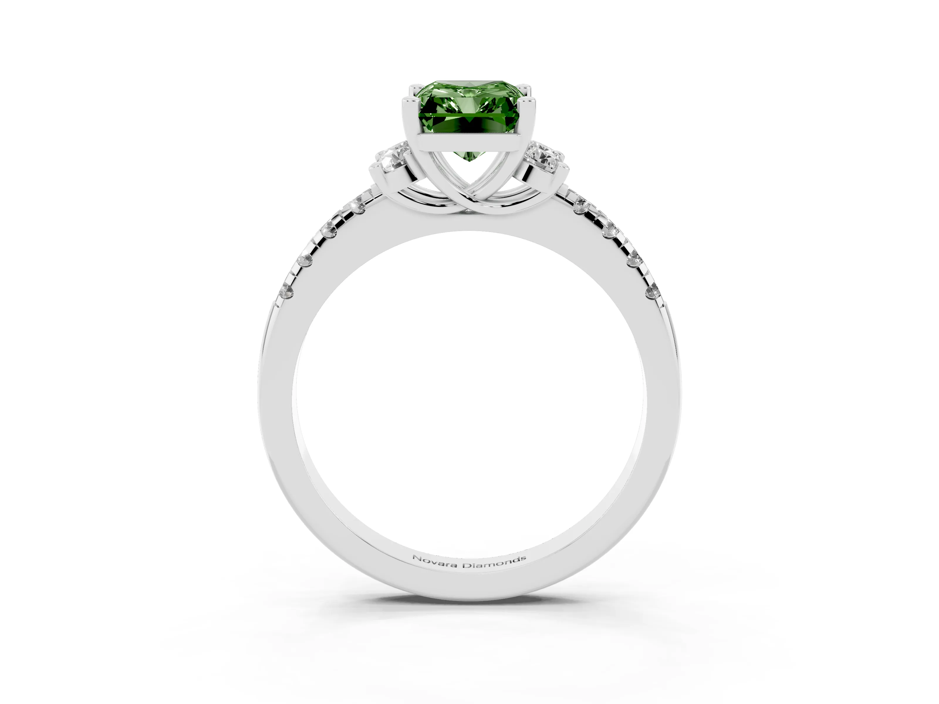 Fancy Green Radiant Cut Diamond Three-Stone Pavé Ring Set in Platinum with Prong Setting