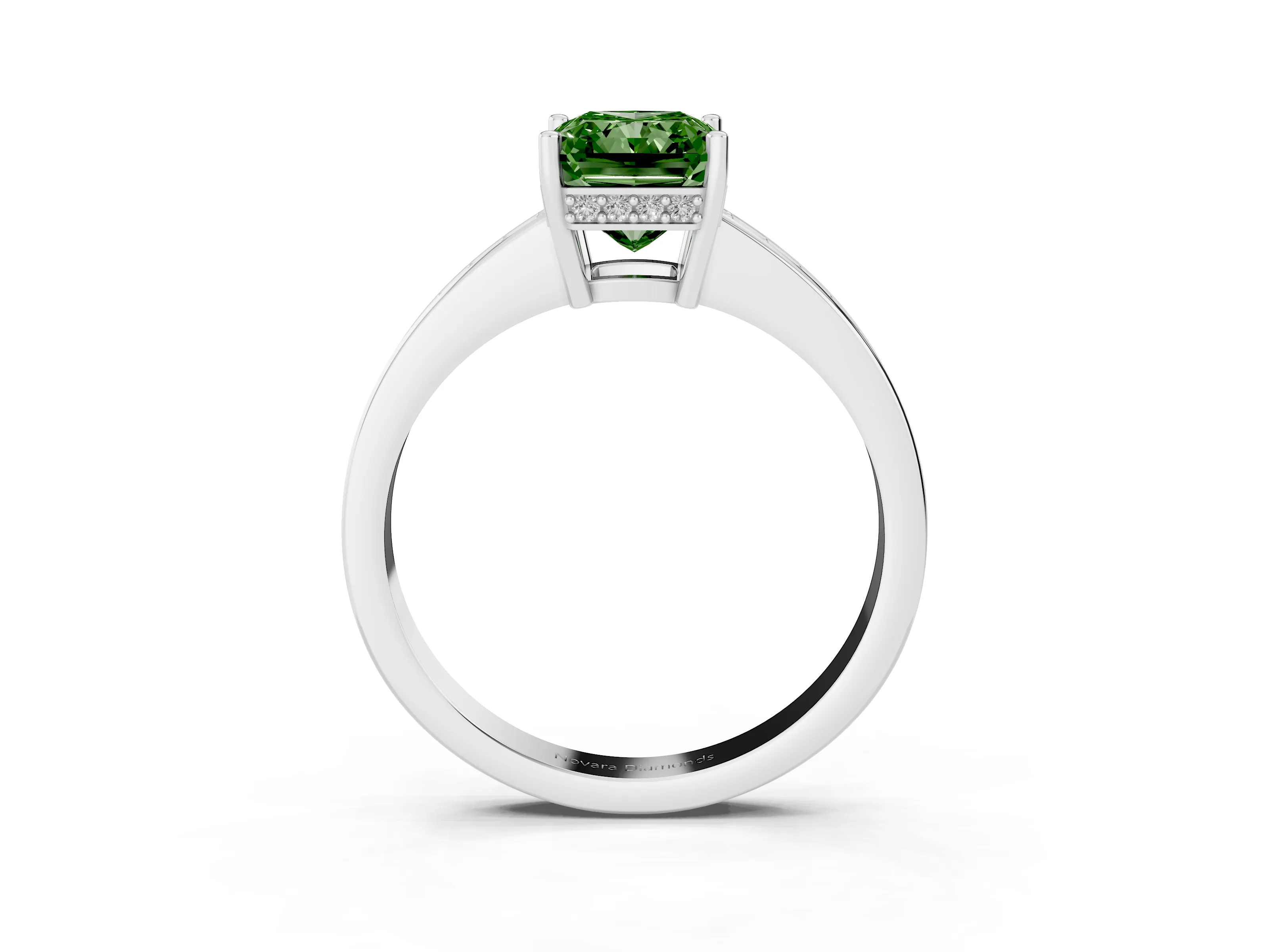 Fancy Green Radiant Cut Diamond Pavé Band Prong Set Solitaire Ring Set in Silver