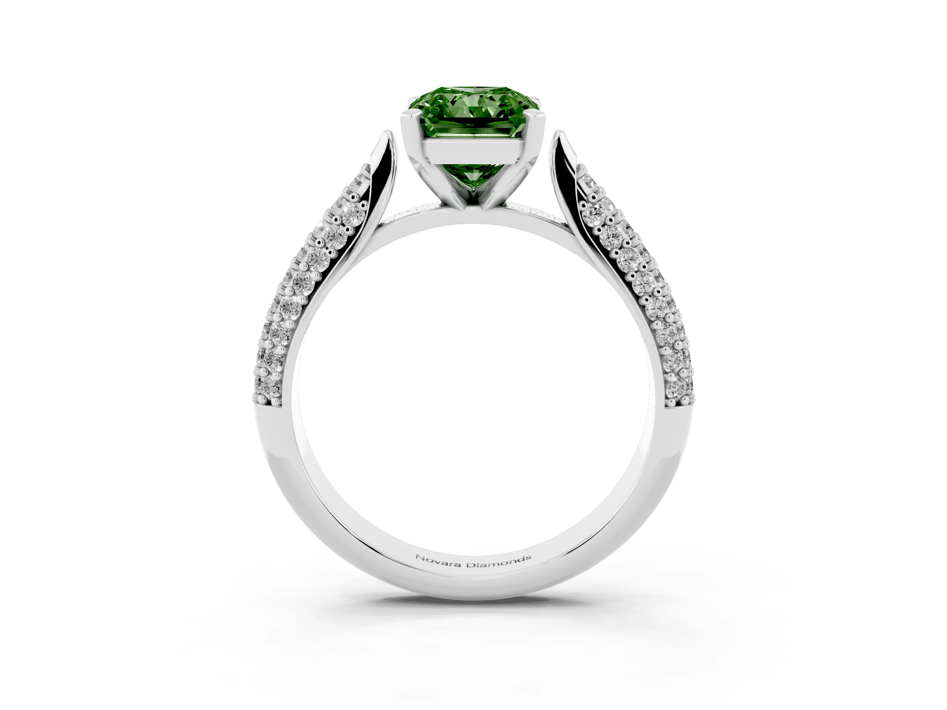Fancy Green Radiant Cut Diamond Solitaire Engagement Ring Set in White gold with Multi-Row Round Pavé Band and Prong Setting