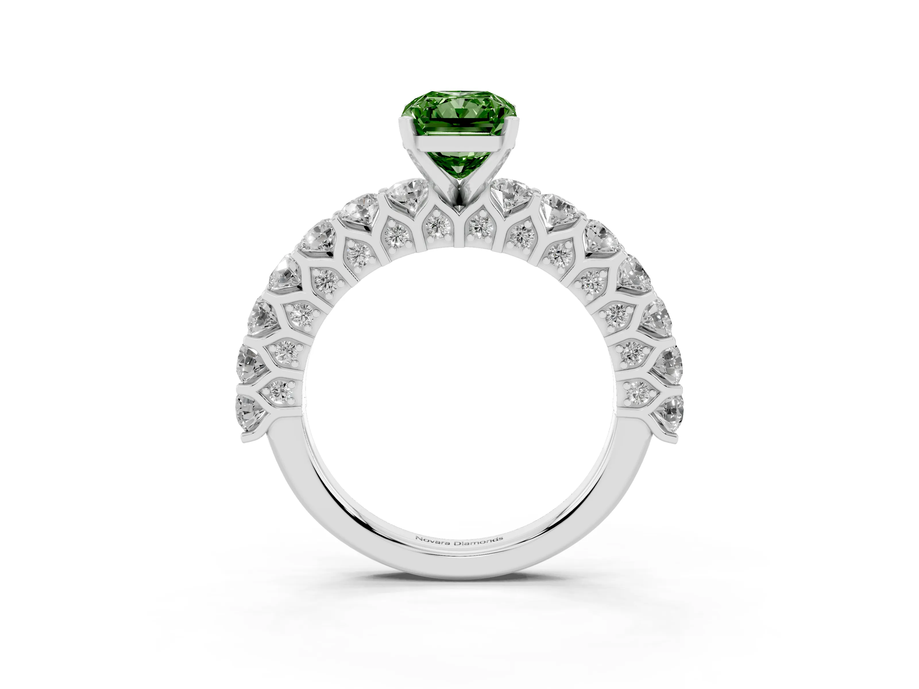 Fancy Green Radiant Cut Diamond Solitaire Ring Set in Silver with Shared Prong Pavé Band