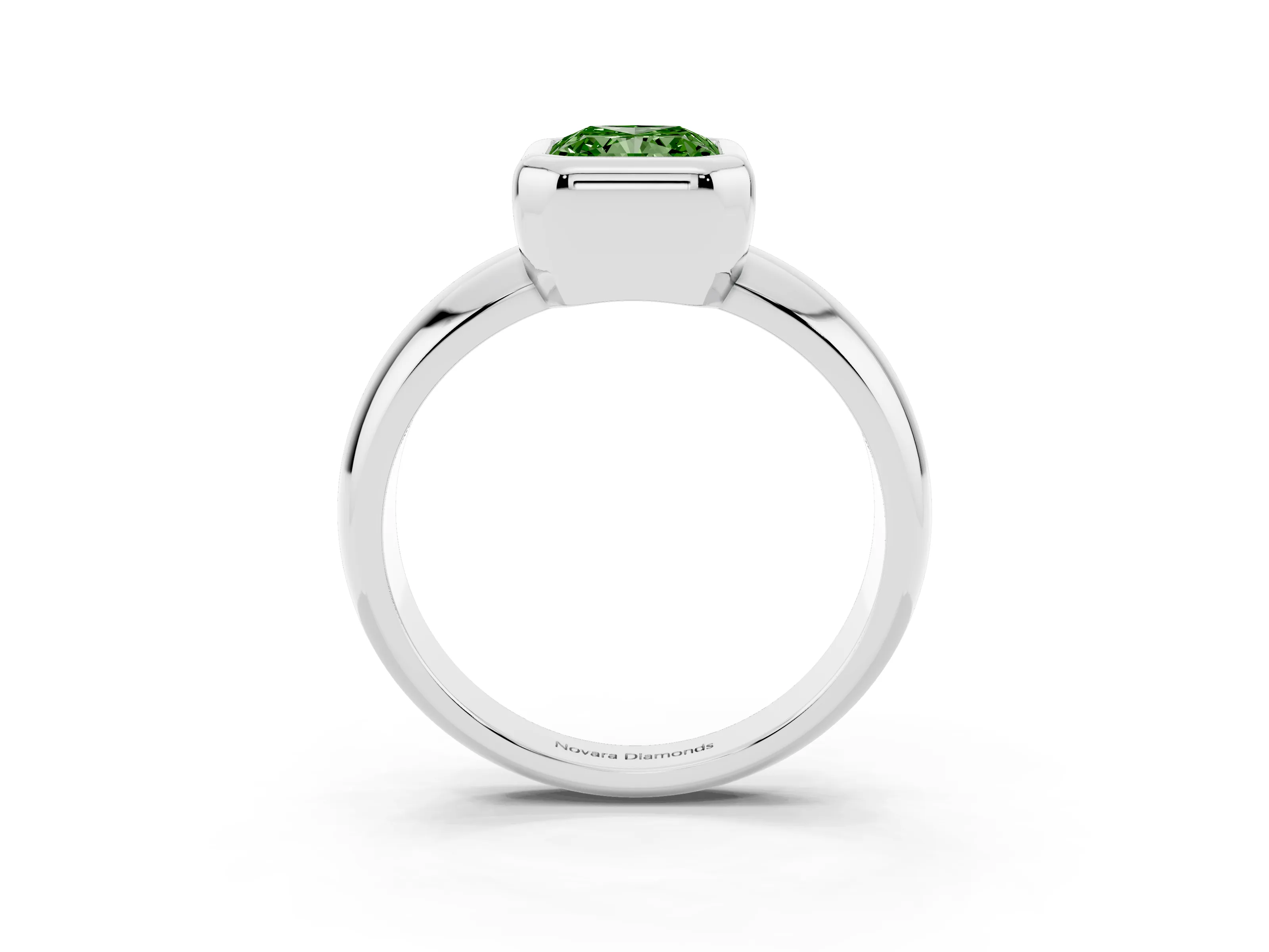 Fancy Green Bezel Set Radiant Cut Diamond Solitaire Ring Set in Silver with Wide Band