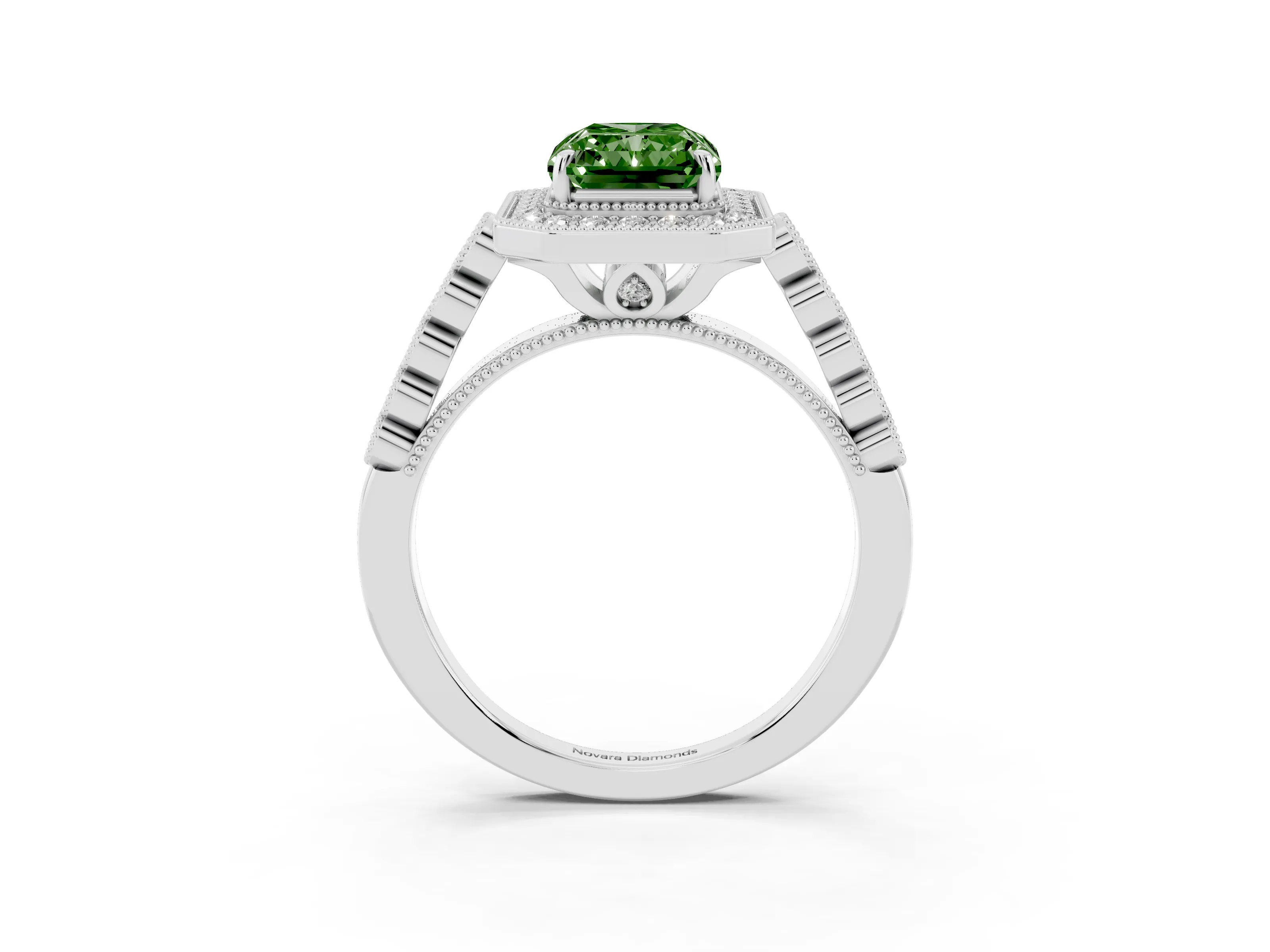 Fancy Green Radiant Cut Diamond Milgrain Halo Solitaire Ring Set in White gold with Bezel Set Side Stones and Pavé Band