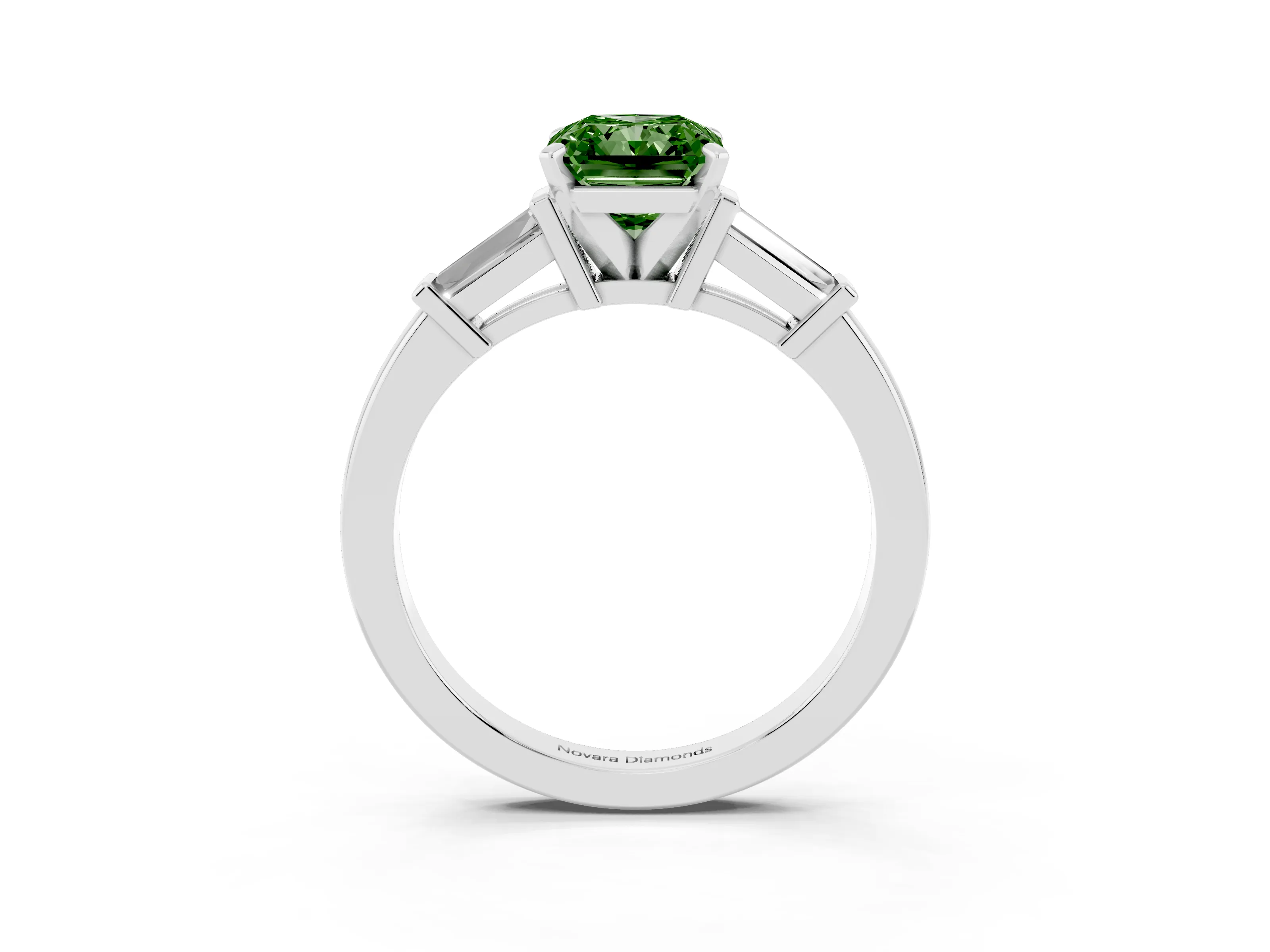 Fancy Green Radiant Cut Diamond Solitaire Ring Set in White gold with Tapered Baguette Accents and Prong Setting
