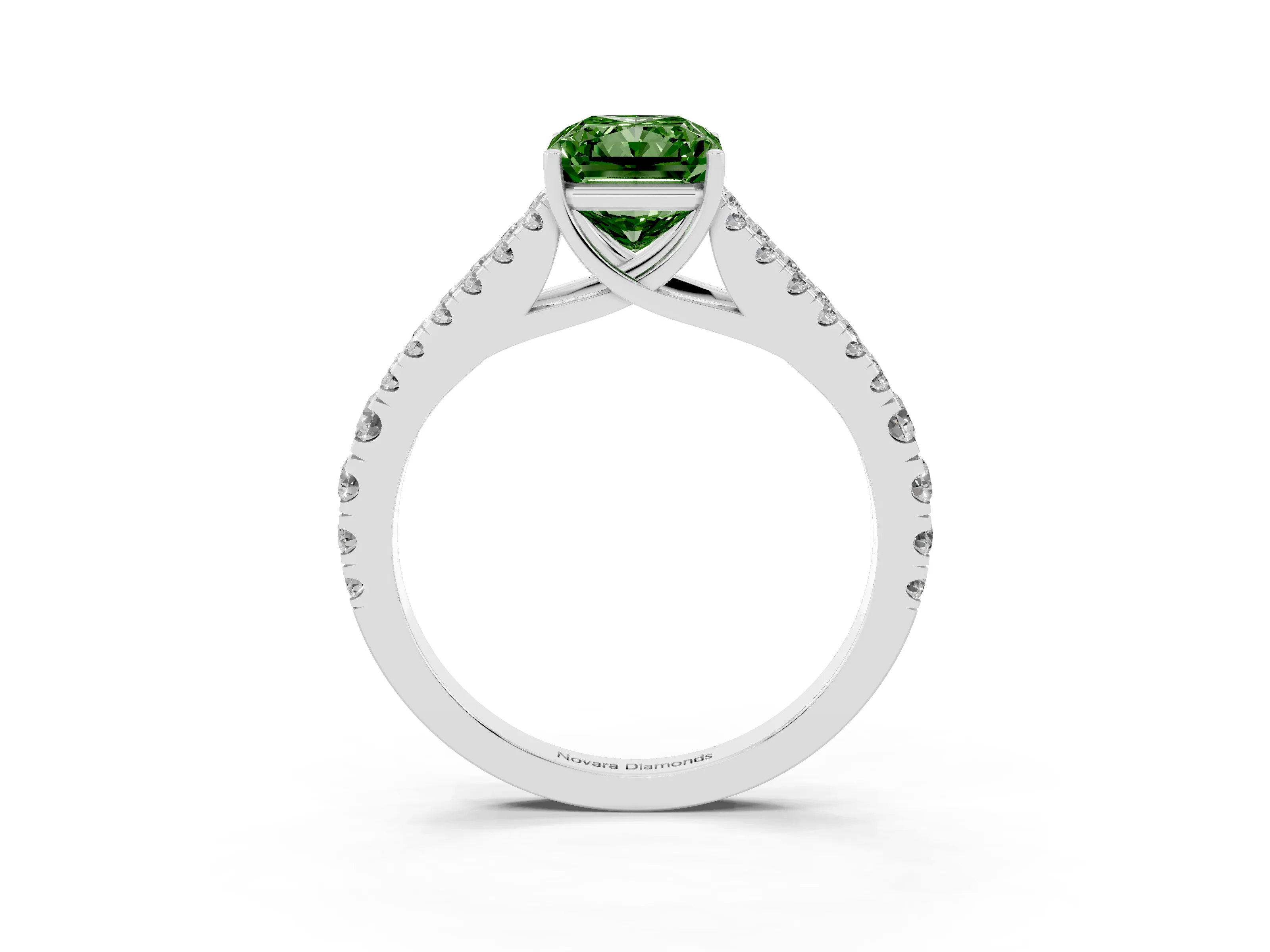 Fancy Green Radiant Cut Diamond Split Shank Pavé Engagement Ring Set in Platinum with Prong-Held Center Stone