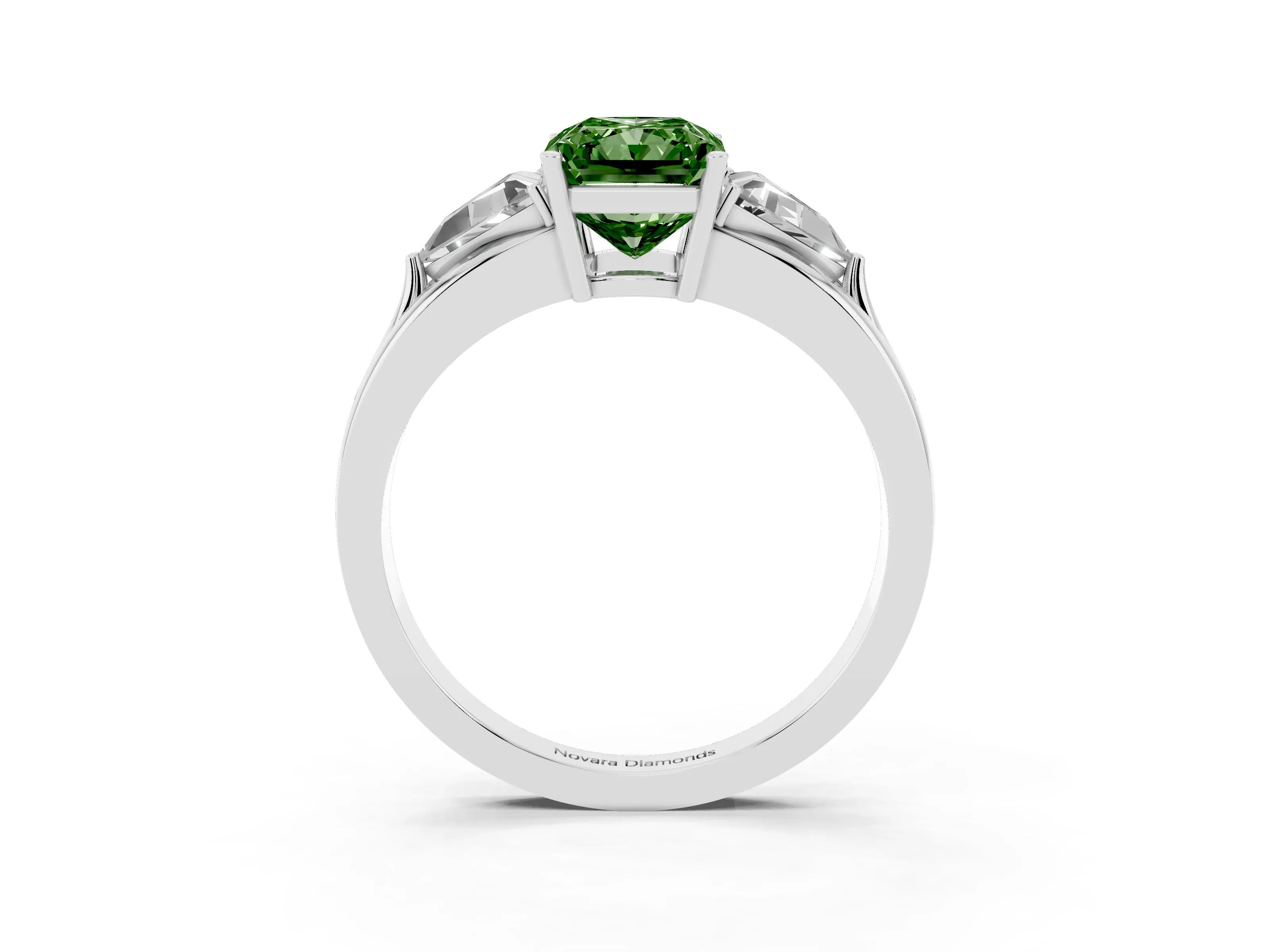 Fancy Green Radiant Cut Diamond Three-Stone Ring Set in Silver with Trillion Side Stones and Split Shank