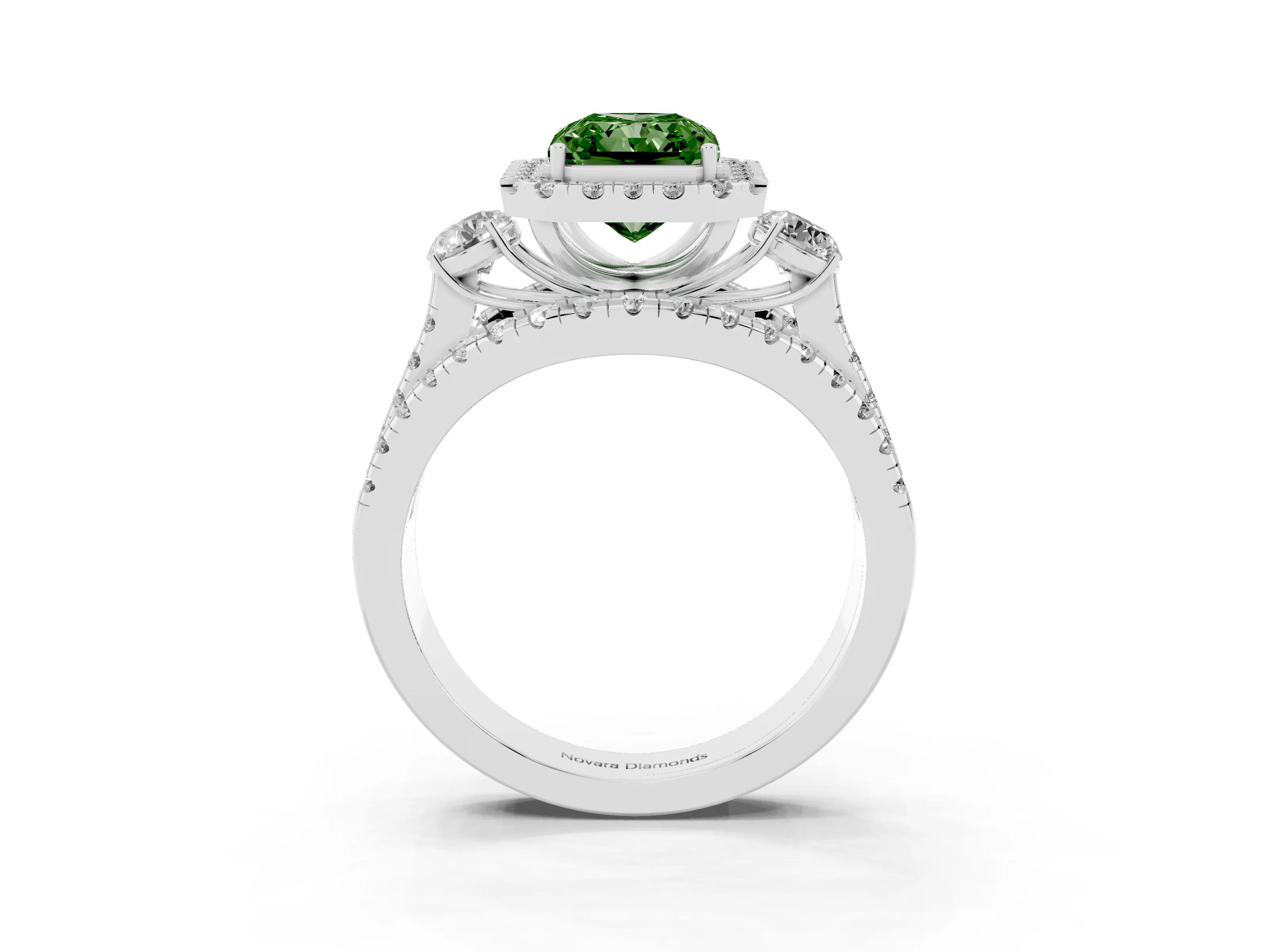 Fancy Green Radiant Cut Diamond Halo Split Shank Ring Set in White gold with Round Accent Stones and Prong Setting