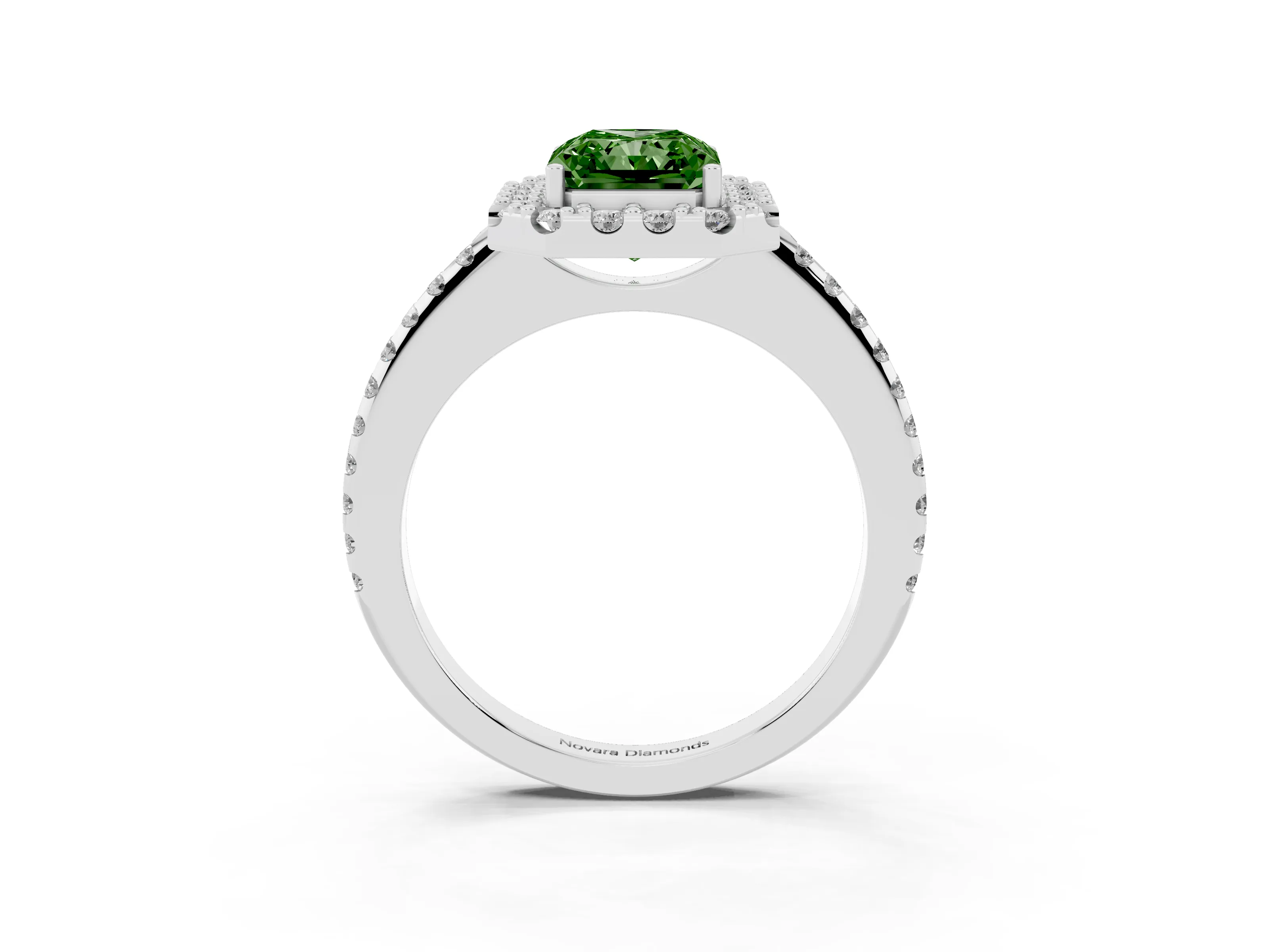 Fancy Green Radiant Cut Diamond Pavé Halo Ring Set in Silver with Prong Setting