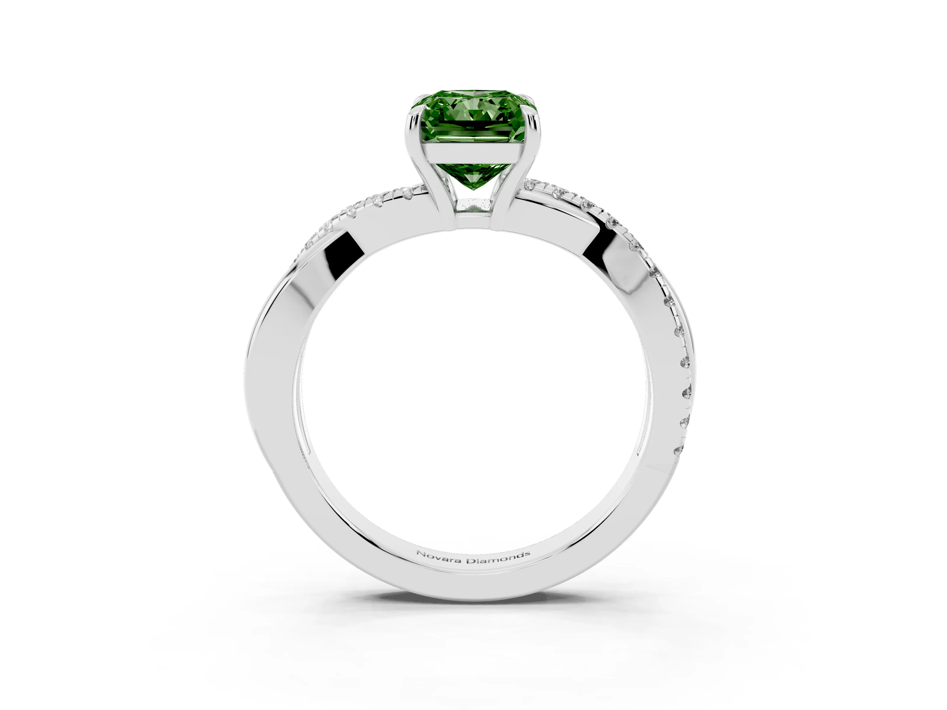 Fancy Green Radiant Cut Diamond Twisted Pavé Band Ring Set in Silver with Prong Setting