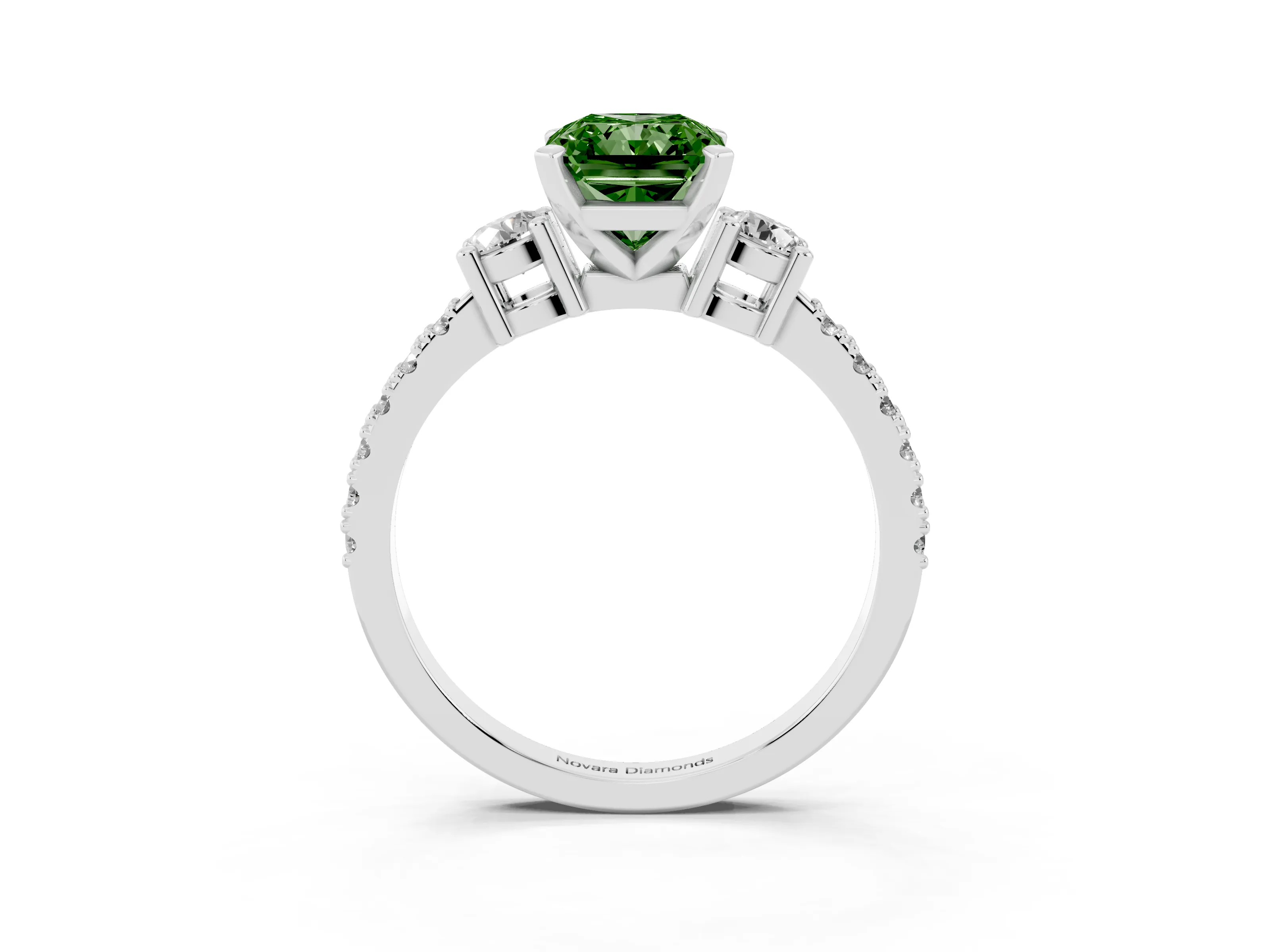 Fancy Green Three-Stone Radiant Cut Diamond Pavé Band Ring Set in White gold with Prong Setting