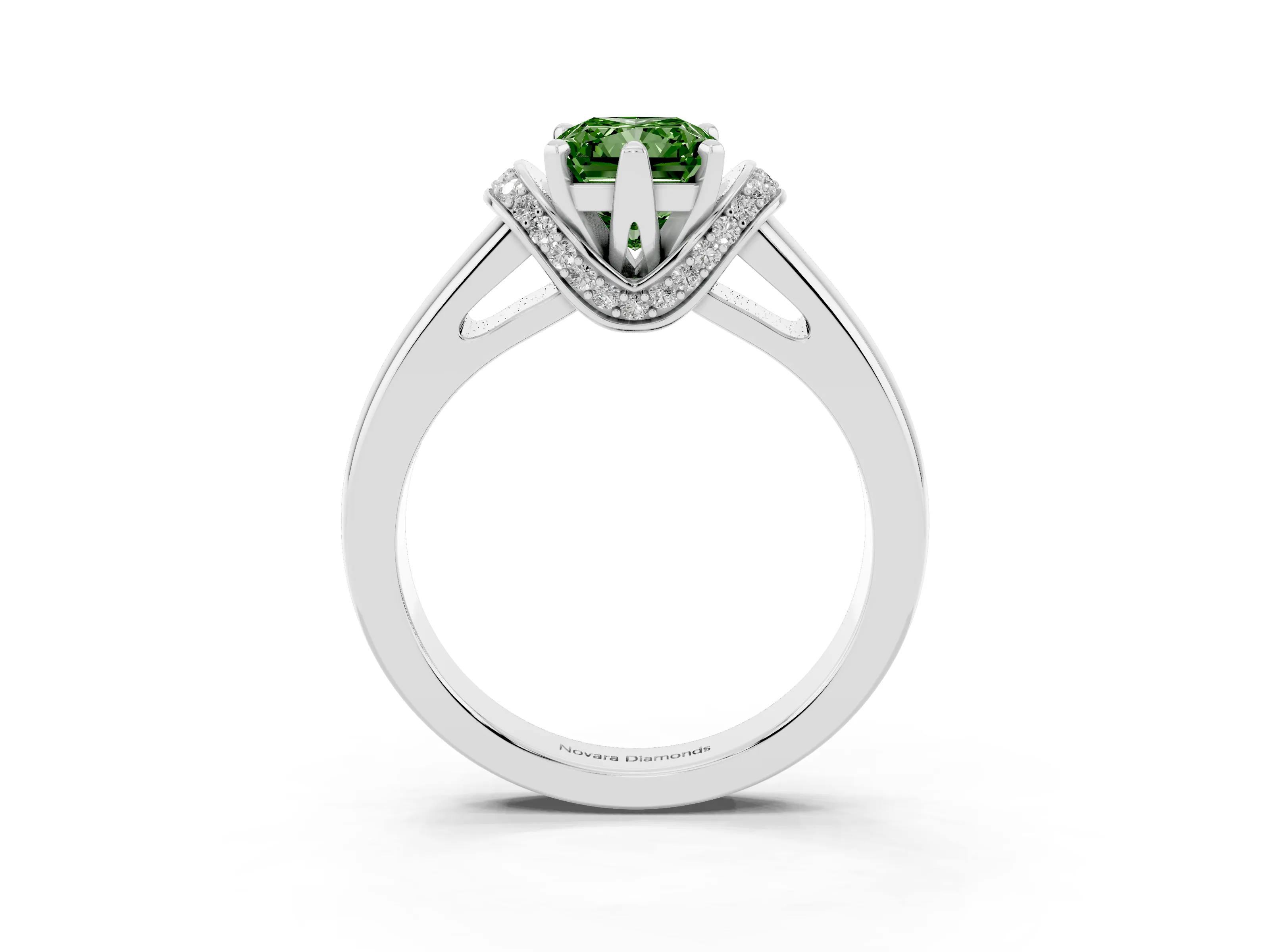 Fancy Green Radiant Cut Diamond Pavé Band Solitaire Ring Set in Platinum with Prong Setting