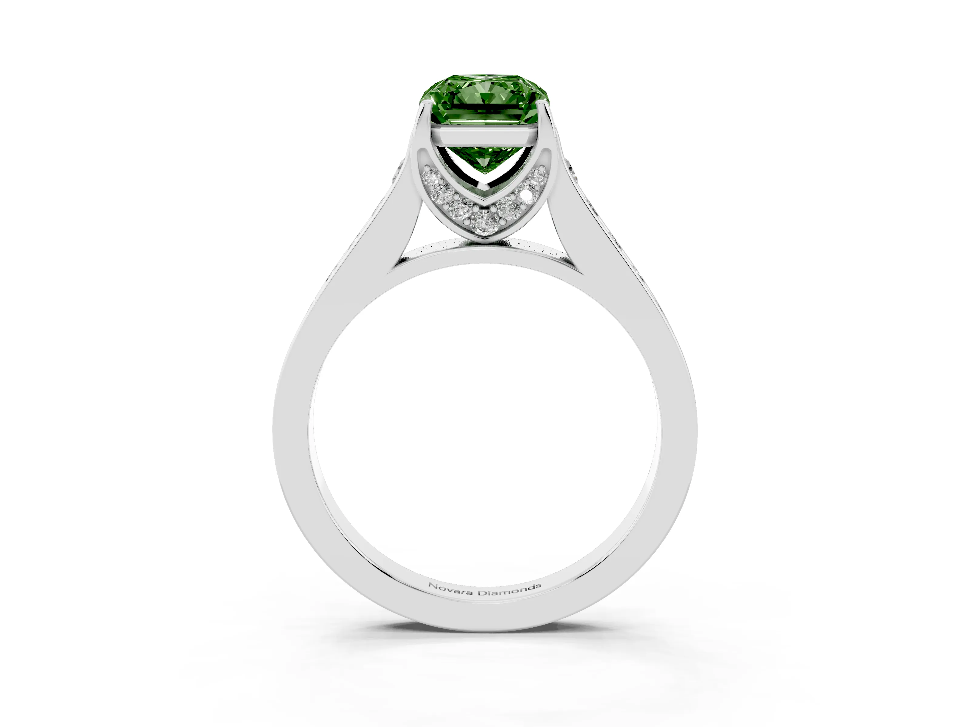 Fancy Green Radiant Cut Diamond Solitaire Pavé Engagement Ring Set in White gold with Prong Setting