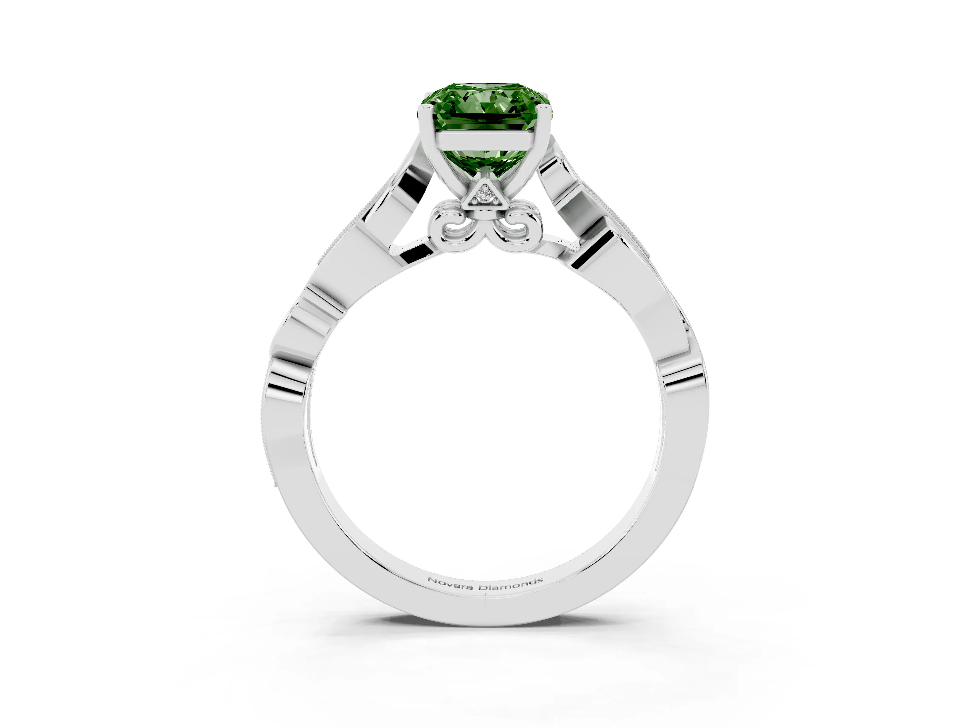 Fancy Green Radiant Cut Diamond Vine Band Solitaire Ring Set in Platinum with Milgrain Prong Setting