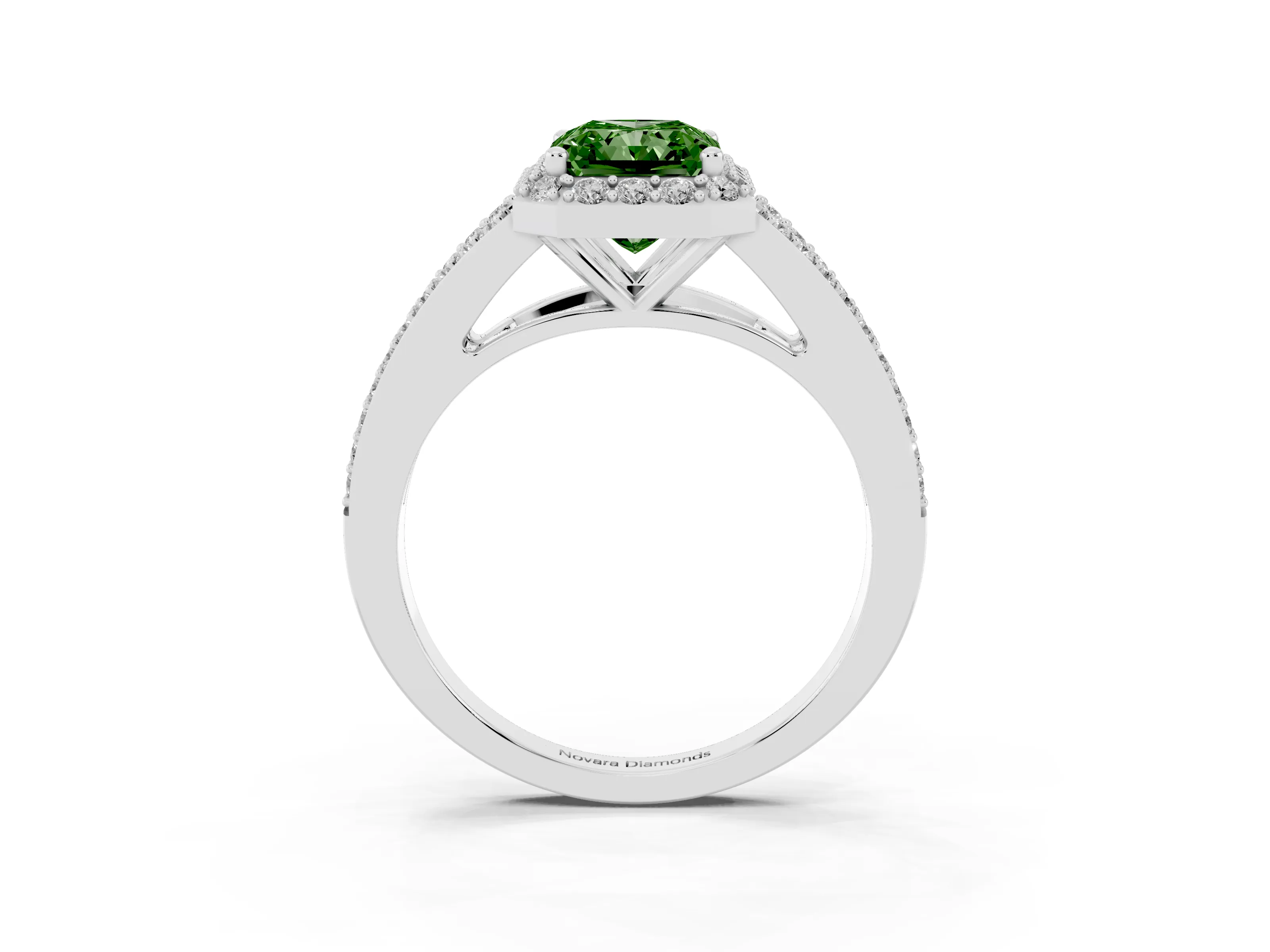 Fancy Green Radiant Cut Diamond Halo Split Shank Pavé Ring Set in Platinum with Prong Setting