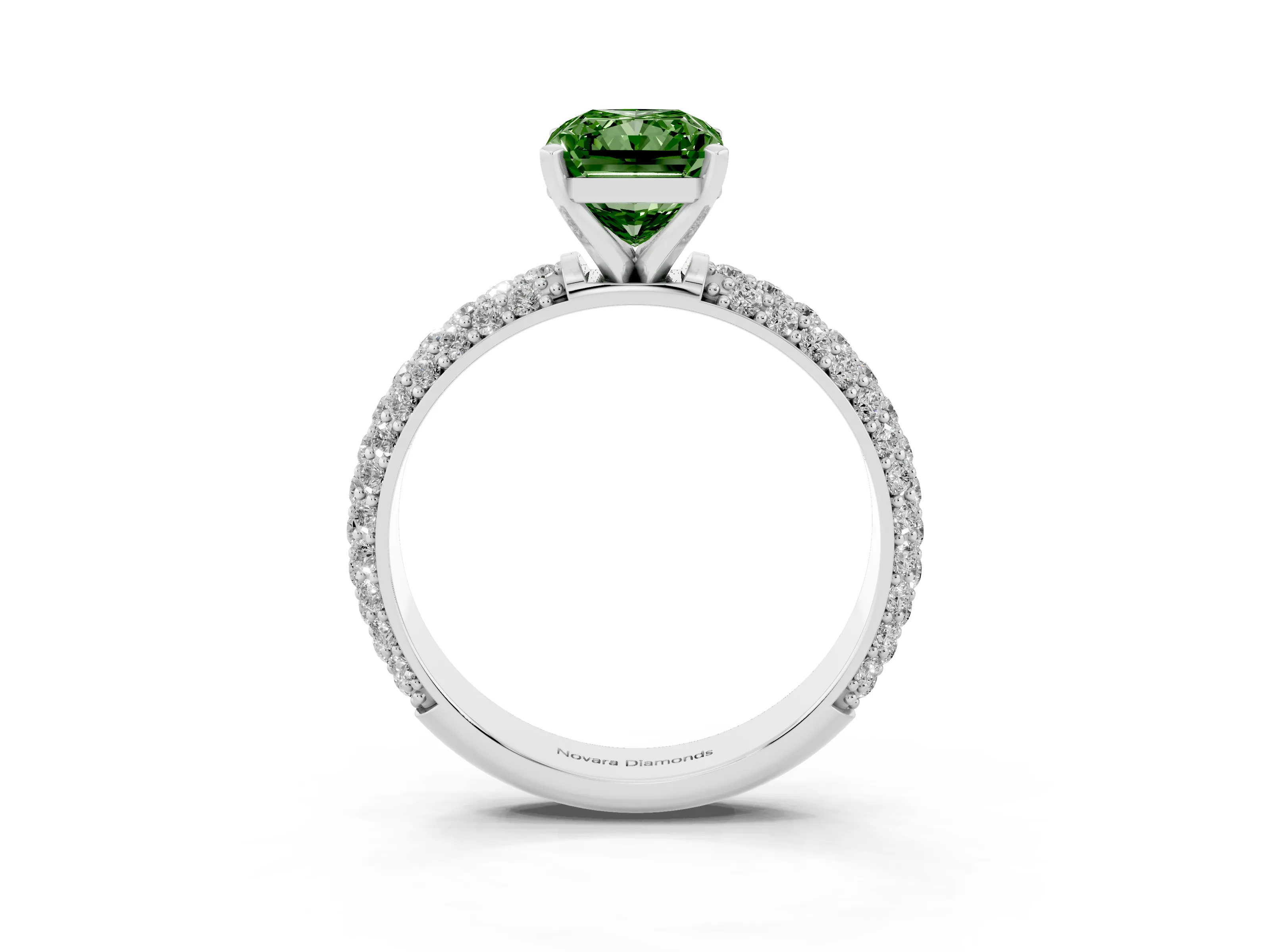 Fancy Green Radiant Cut Diamond Solitaire Ring Set in Platinum with Prong Setting and Pavé-Set Band