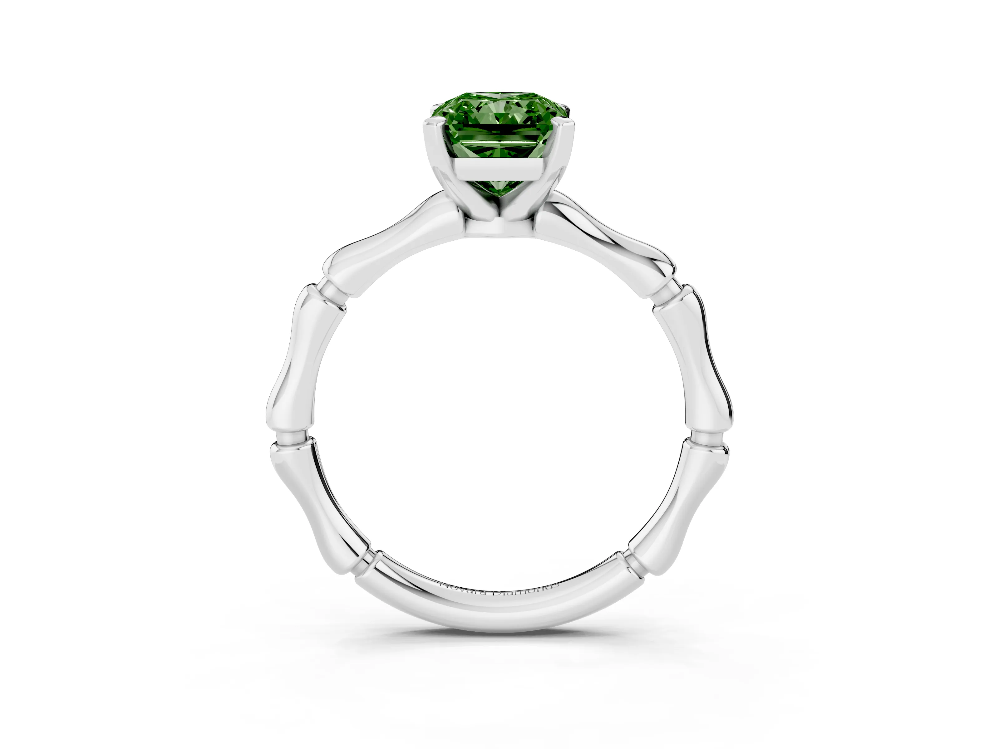 Fancy Green Radiant Cut Diamond Solitaire Ring Set in Silver with Bamboo Band and Prong Setting