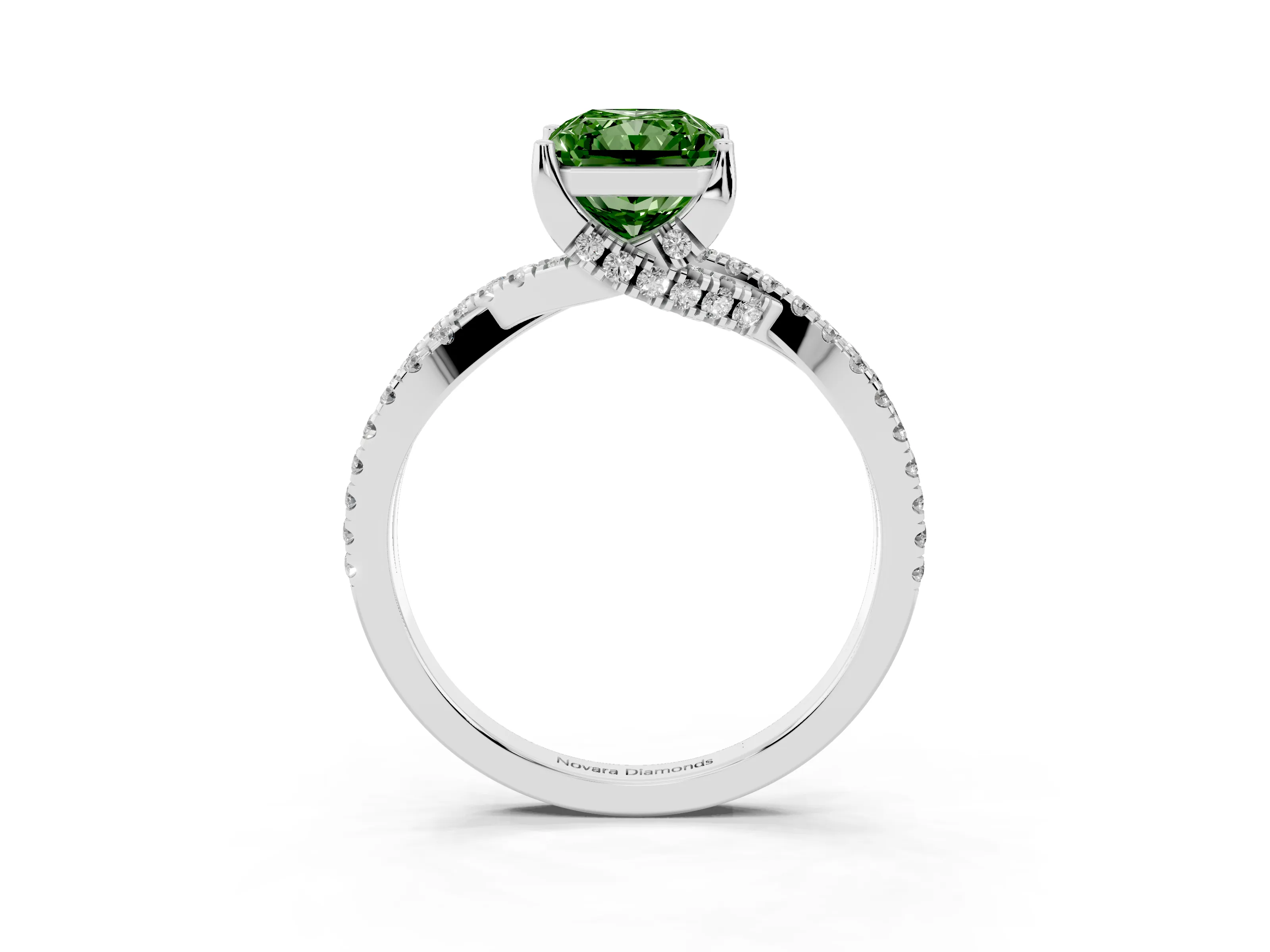 Fancy Green Radiant Cut Diamond Twist Pavé Solitaire Engagement Ring Set in Silver with Prong Setting