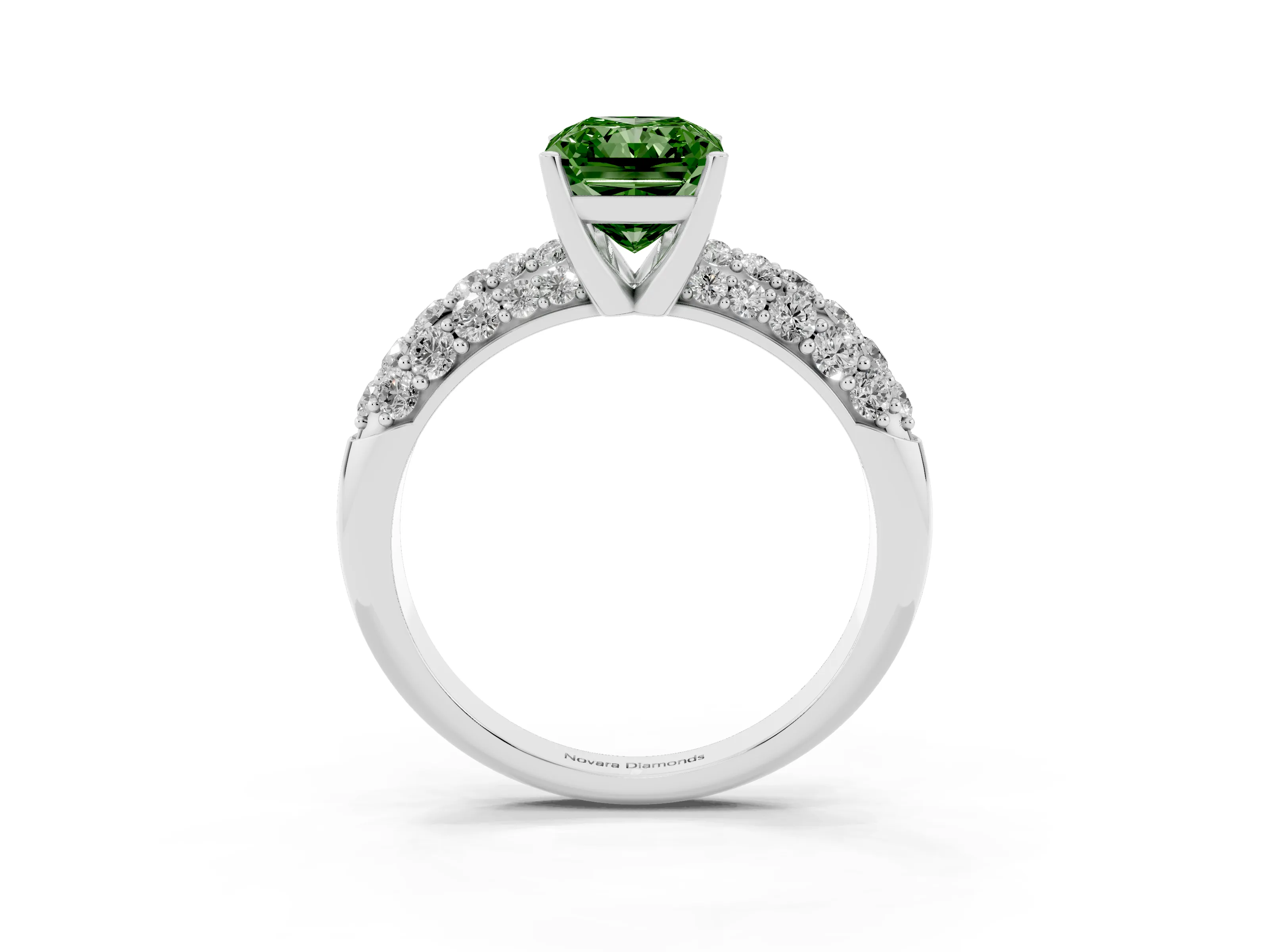 Fancy Green Radiant Cut Diamond Pavé Band Solitaire Ring Set in White gold with Close-Set Accent Stones and Prong Setting