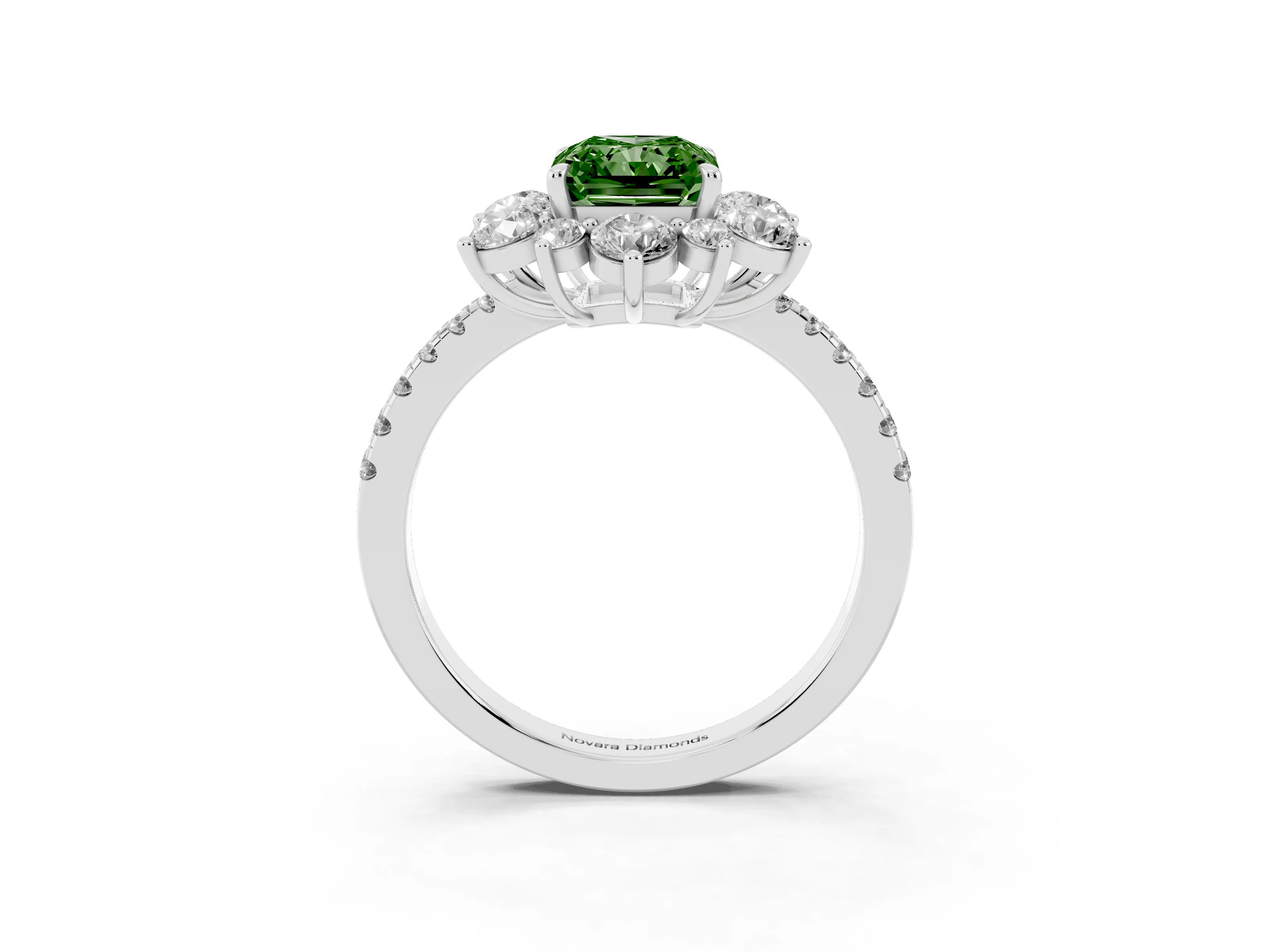 Fancy Green Radiant Cut Diamond Floral Halo Ring Set in Silver with Round Pavé Band and Prong Setting