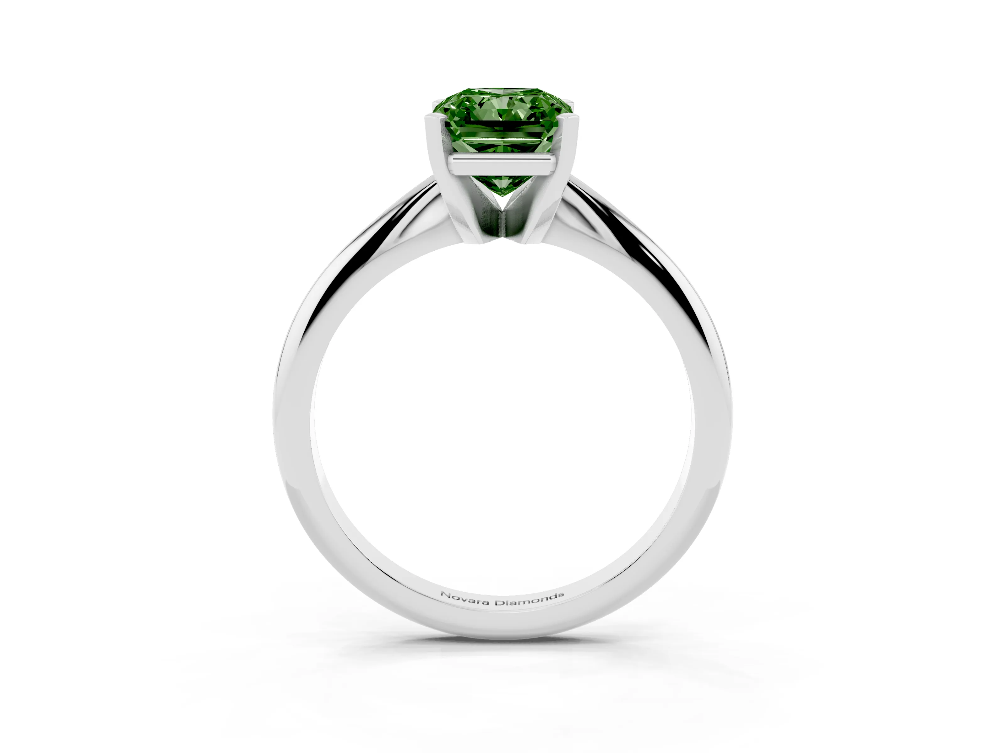 Fancy Green Radiant Cut Diamond Solitaire Ring Set in Silver with Prong Setting on a Plain Round Band