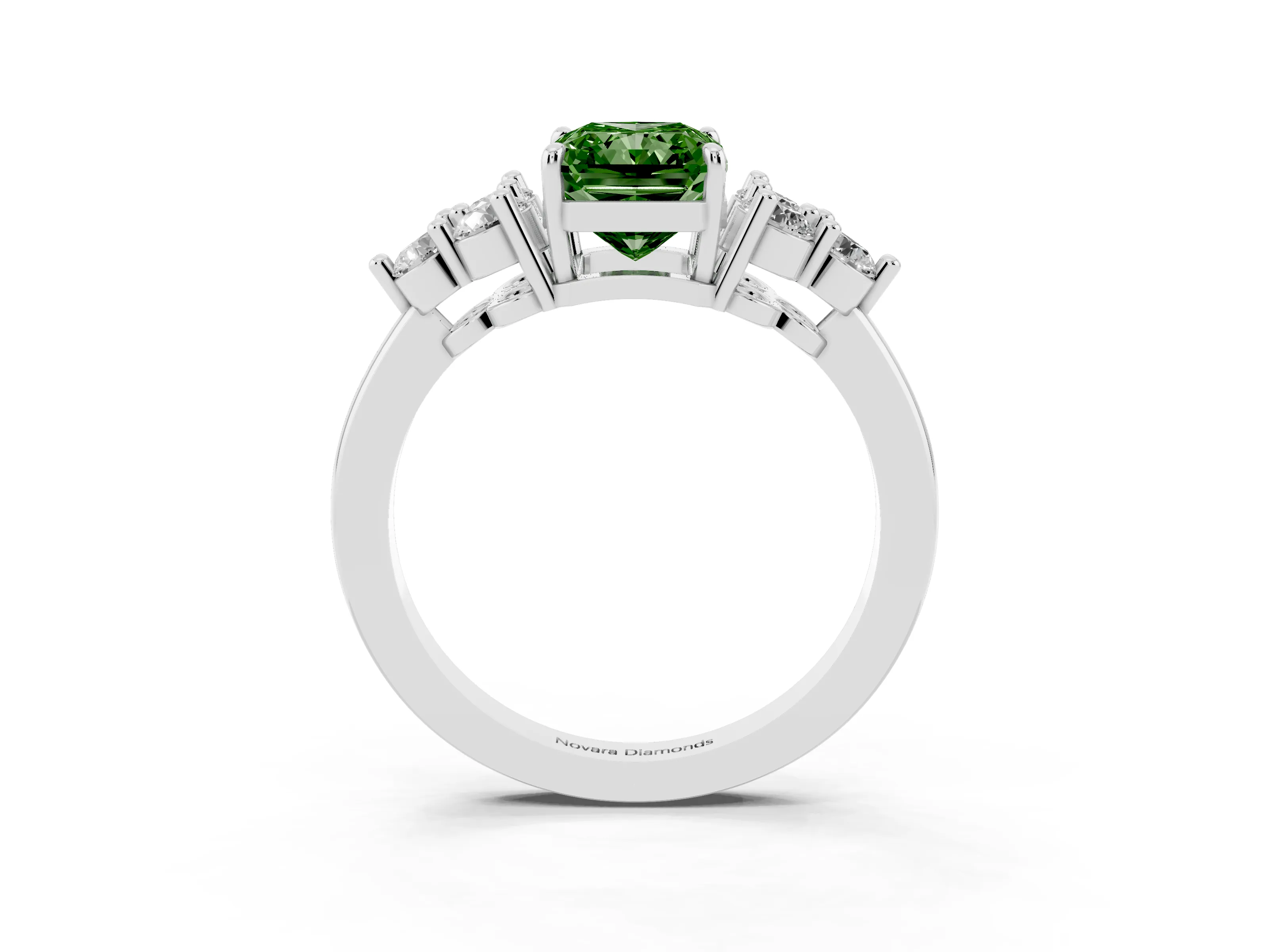 Fancy Green Radiant Cut Diamond Solitaire Ring Set in White gold with Cluster Accents on Each Side