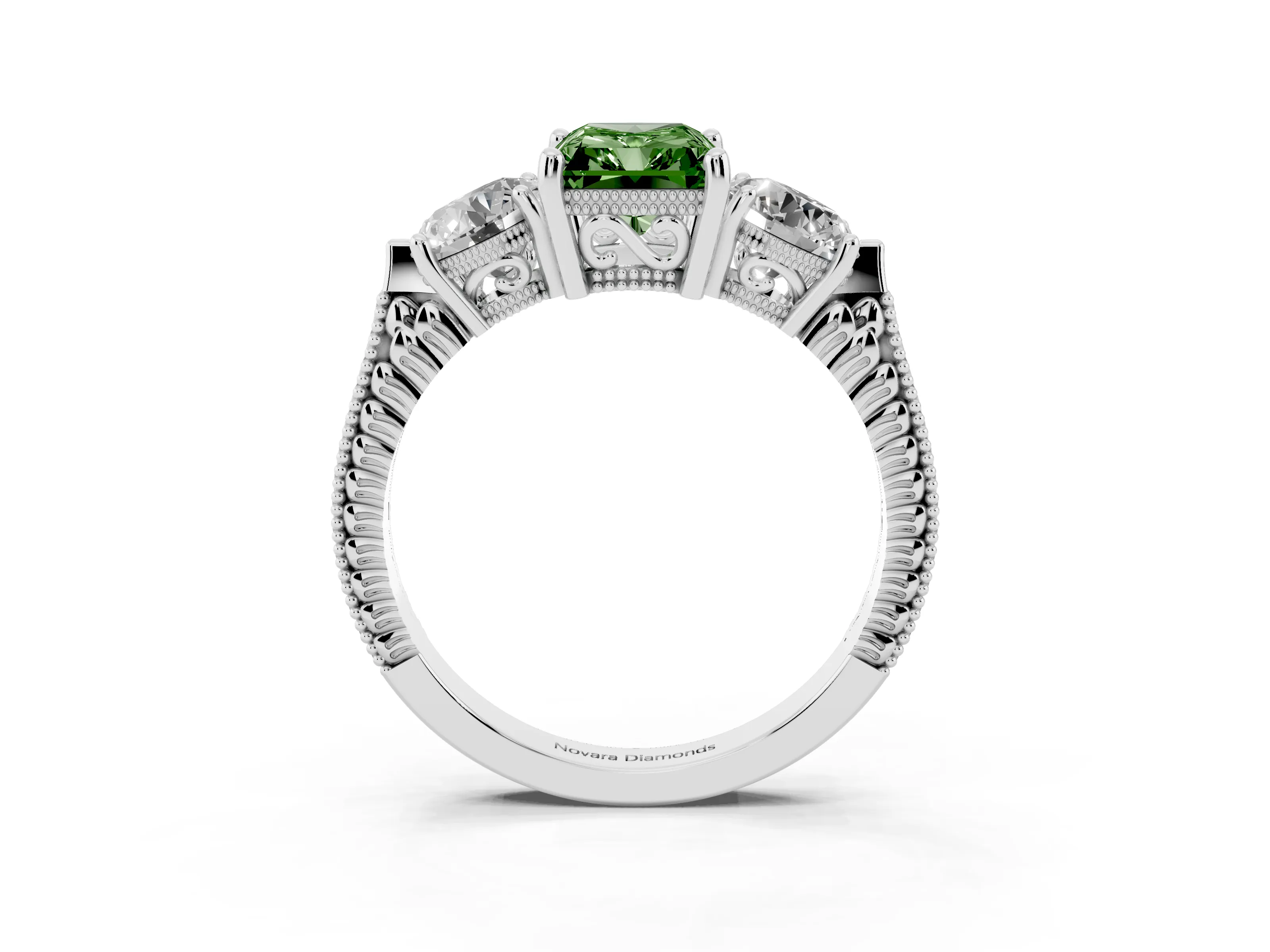 Fancy Green Radiant Cut Diamond Three-Stone Ring Set in Silver with Milgrain Band