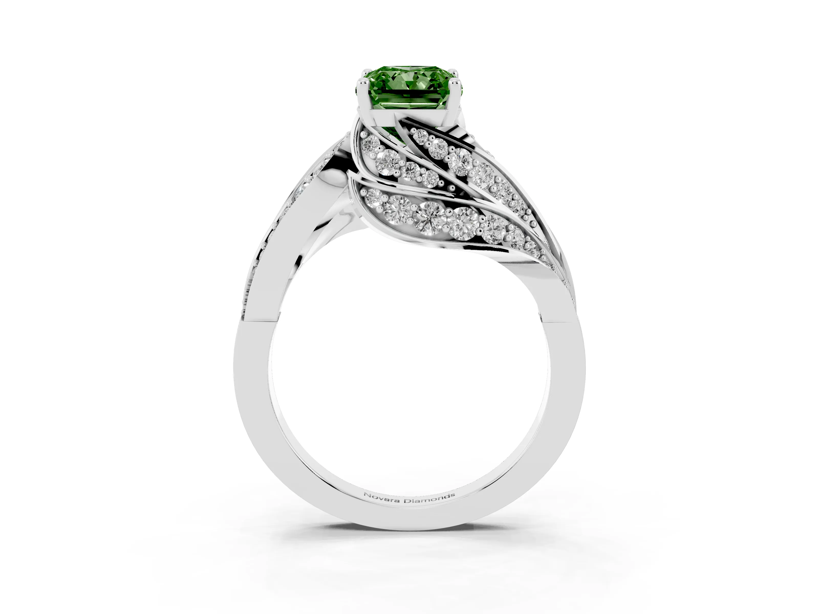 Fancy Green Radiant Cut Diamond Solitaire Ring Set in Platinum with Layered Twist Pavé Band